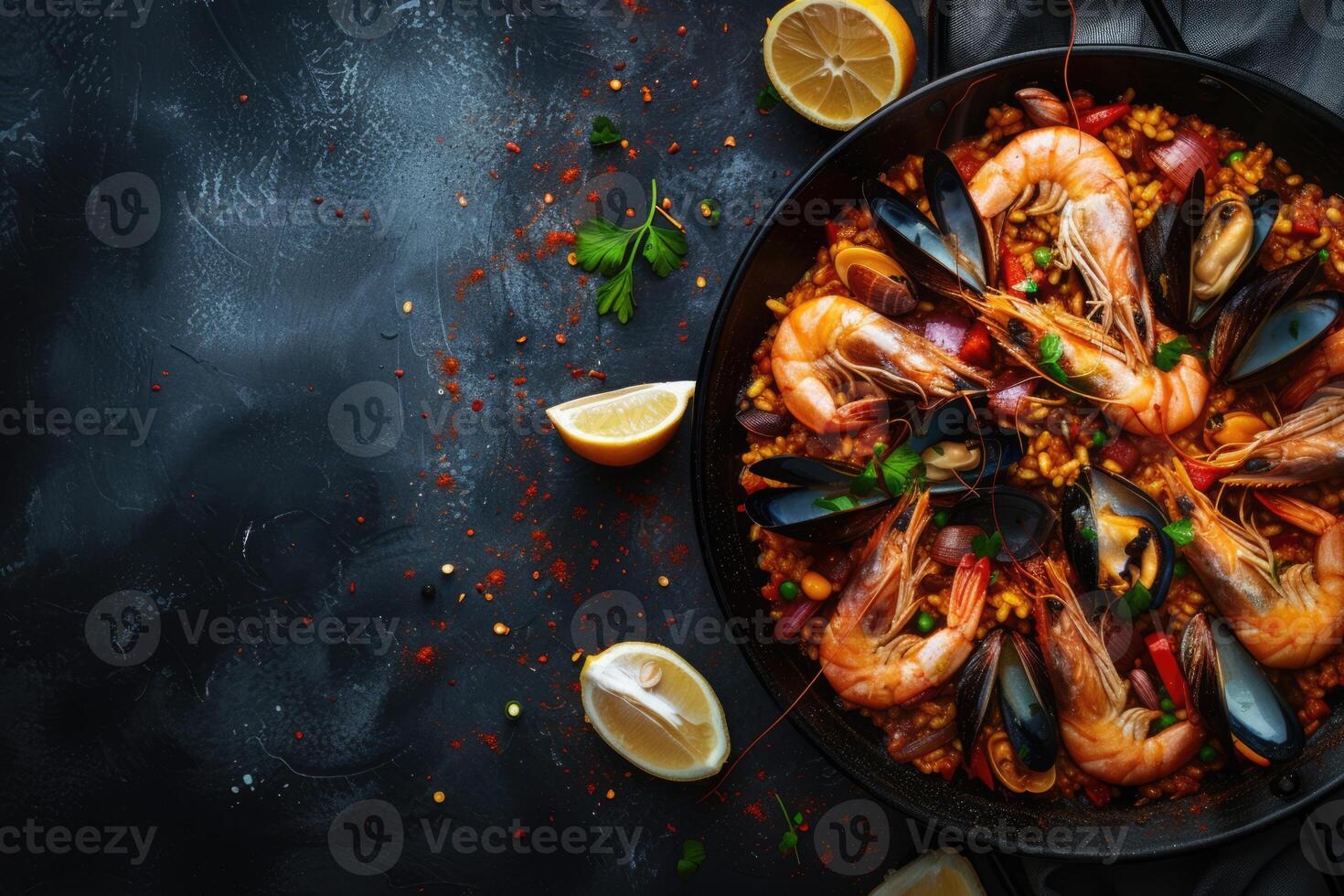 ai généré traditionnel Espagnol Paëlla avec fruit de mer, poulet, riz et des légumes servi dans une la poêle photo