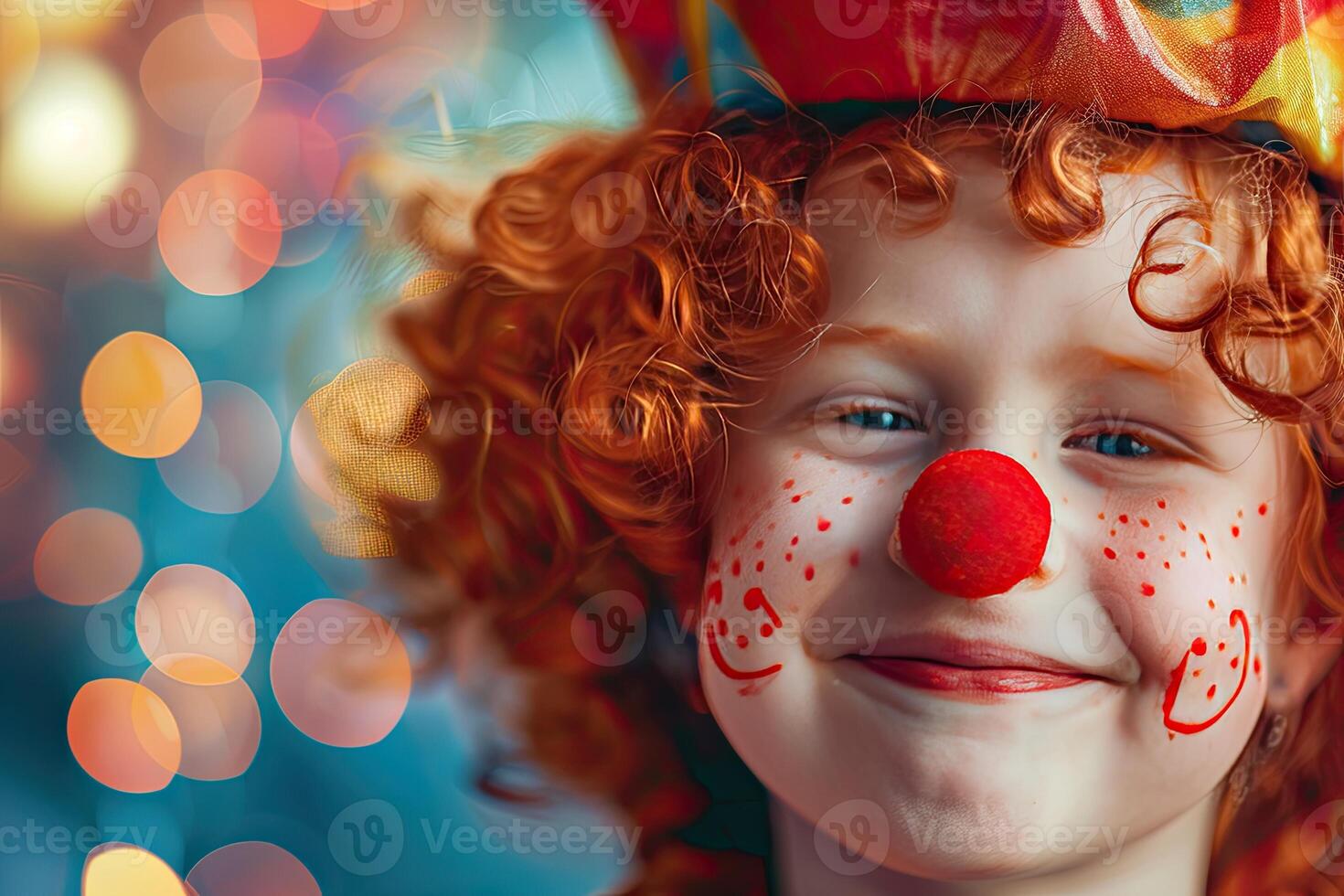 ai généré avril imbéciles journée bannière, marrant pitre cirque interprète, frisé rouge aux cheveux fille avec une pitre nez photo