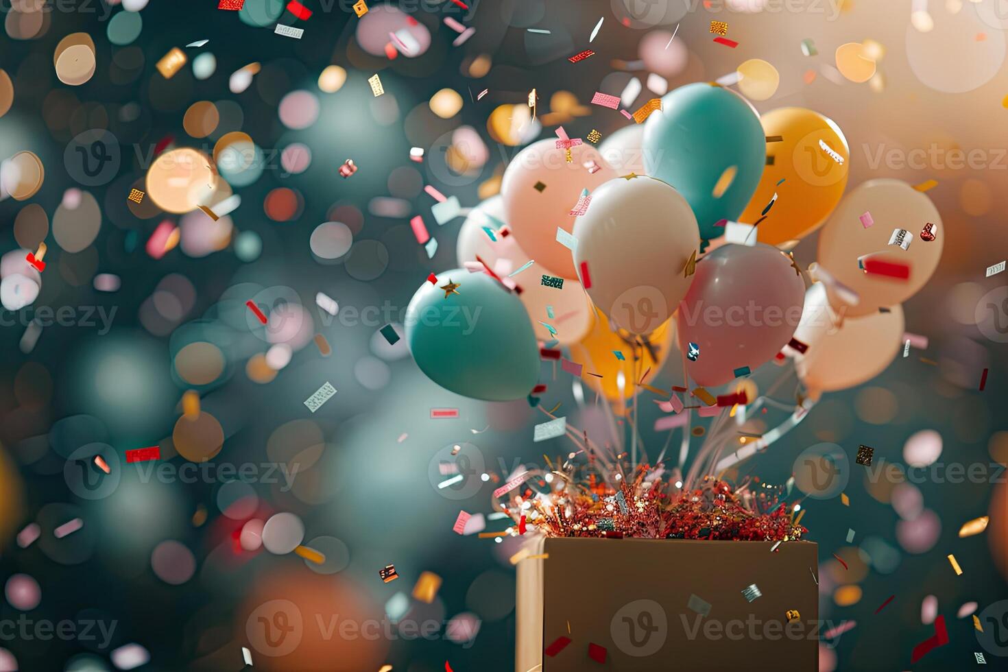 ai généré avril imbéciles journée bannière, coloré des ballons et confettis en volant en dehors de une cadeau boîte, faire la fête, anniversaire photo