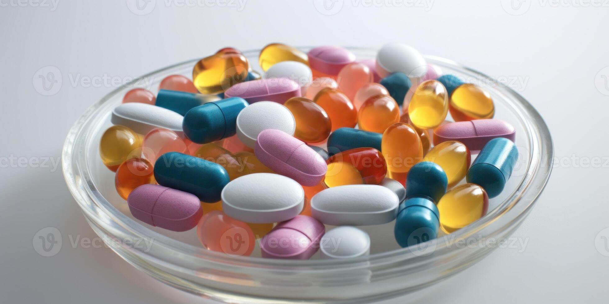 ai généré coloré pharmaceutique pilules pile. capsule dans assiette fermer. médicament et santé concept photo