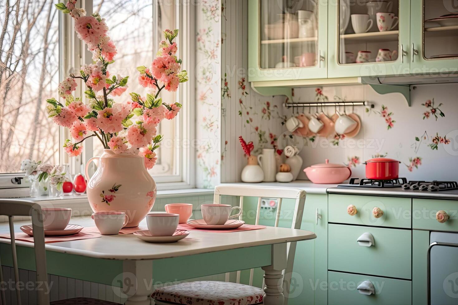 ai généré printemps intérieur de une moderne cuisine avec bouquets de fleurs - printemps temps, printemps ambiance. ai généré photo