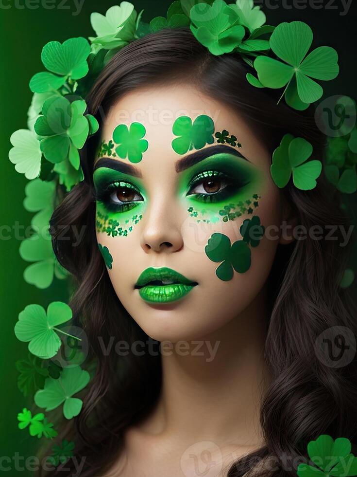 ai généré maquillage et coiffure de une Jeune femme dans vert avec trèfle feuilles pour st. patrick's journée. fermer beauté portrait. ai généré photo