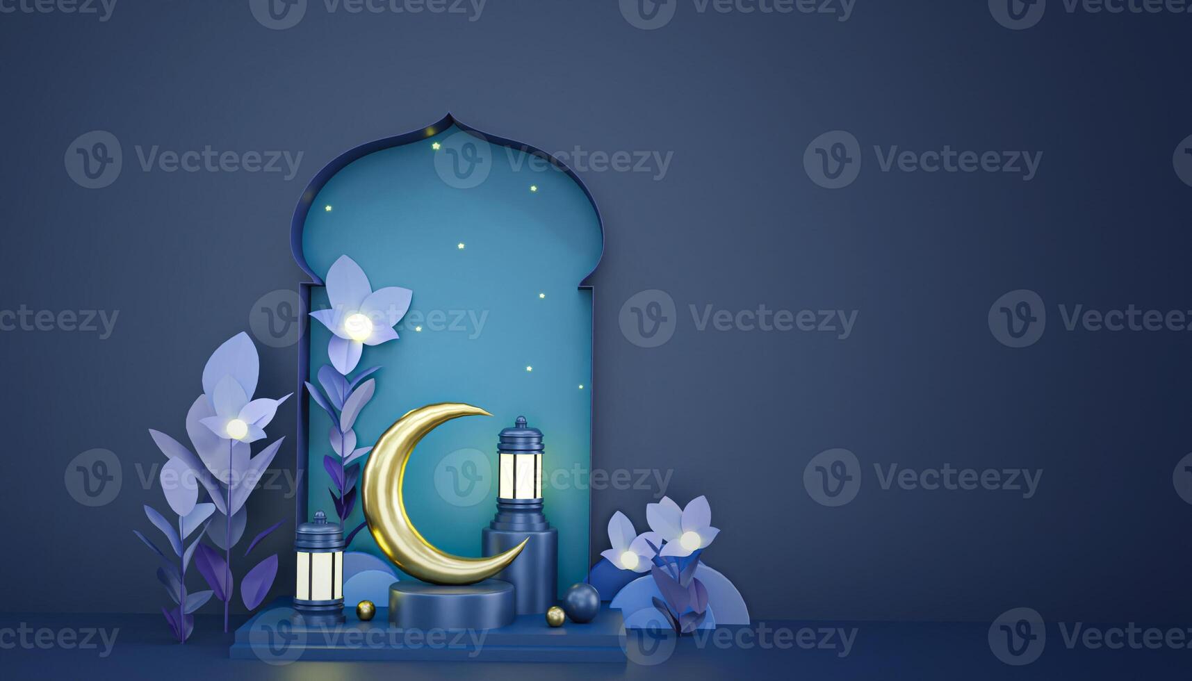 eid mubarak arabe moitié lune d'or croissant et lanterne islamique conception photo