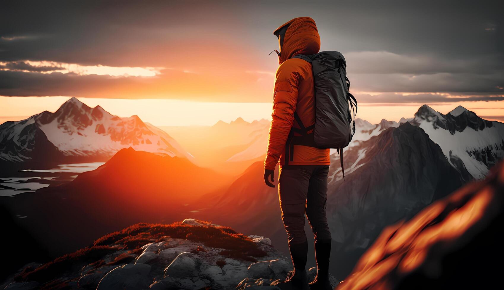 ai généré promeneur portant un Orange veste des stands sur une falaise en train de regarder le le coucher du soleil. photo