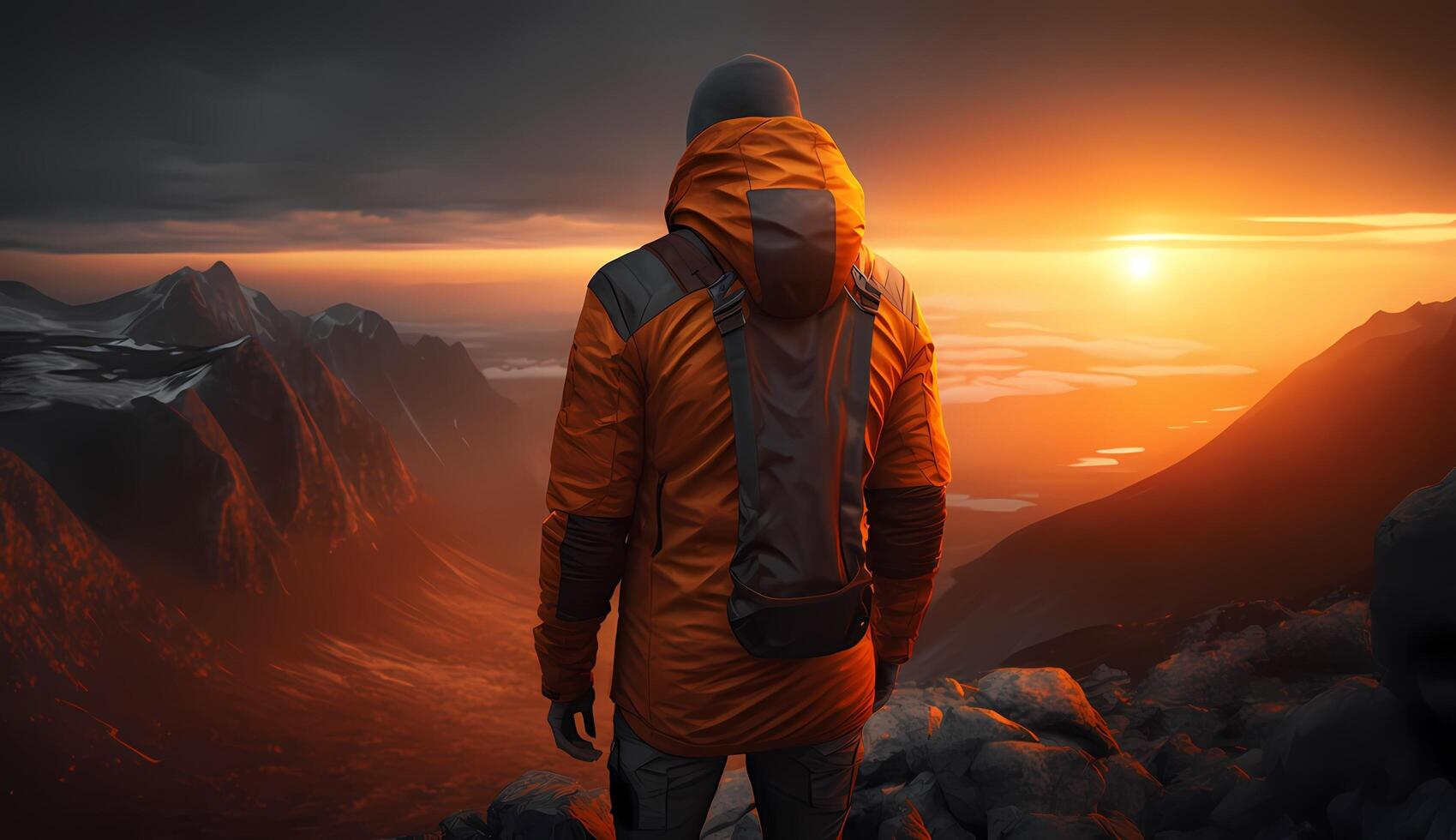 ai généré promeneur portant un Orange veste des stands sur une falaise en train de regarder le le coucher du soleil. photo