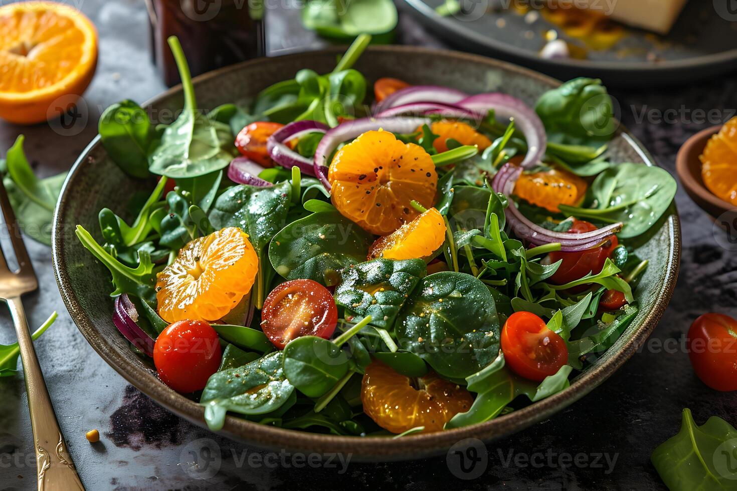 ai généré proche en haut de Frais salade avec rouge oignon, Cerise tomates, épinard, orange, mandarine et clémentine, pansement ou Olives pétrole sur foncé gris béton Contexte. en bonne santé et équilibré aliments. photo