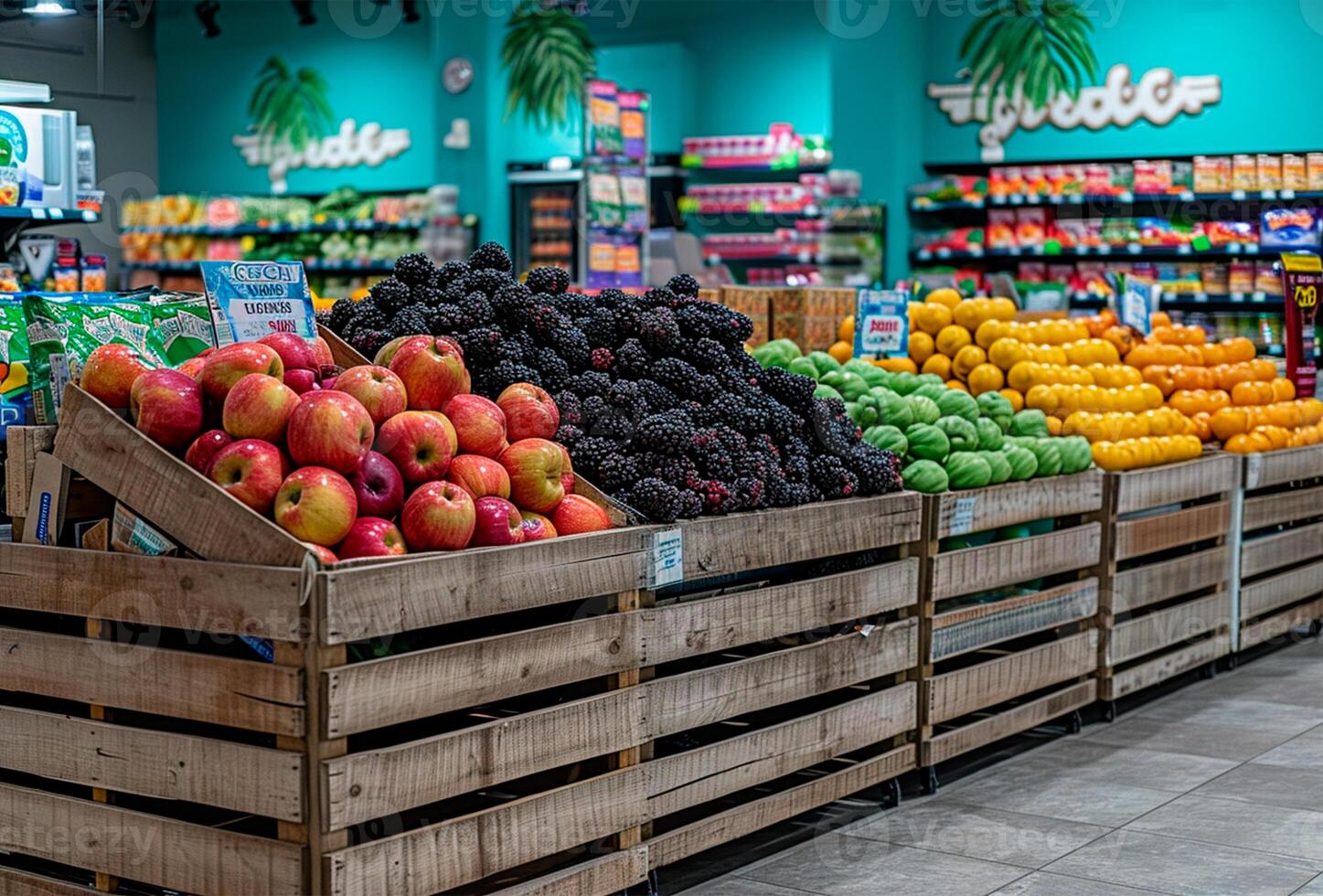 ai généré épicerie magasin, afficher cas avec des produits - ai généré image photo