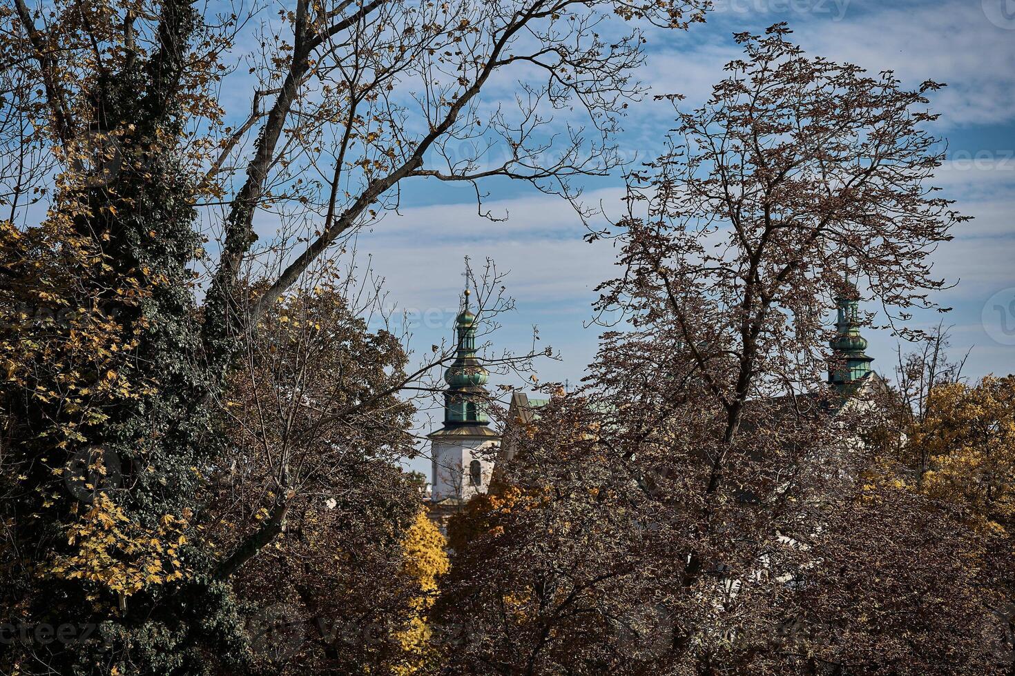 cloche la tour de le église parmi le l'automne des arbres dans Cracovie photo
