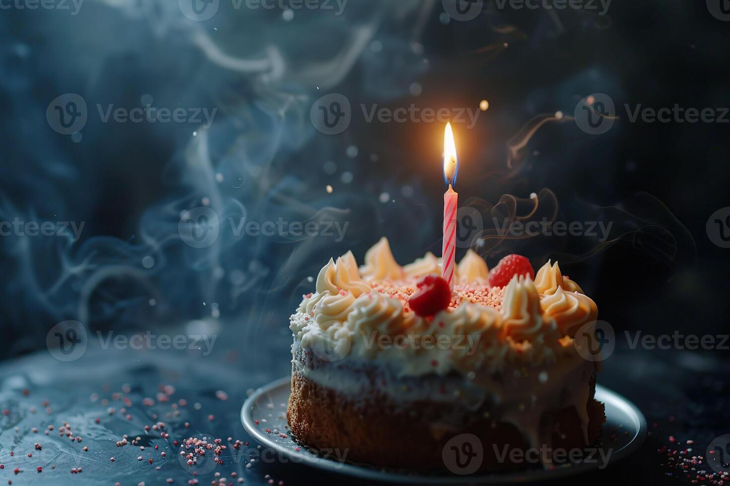 ai généré une anniversaire gâteau avec une seul, embrasé bougie dans une foncé chambre. génératif ai. photo