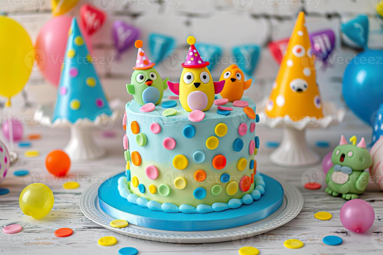 ai généré une capricieusement décoré gâteau avec coloré polka points et charmant fondant personnages. génératif ai. photo