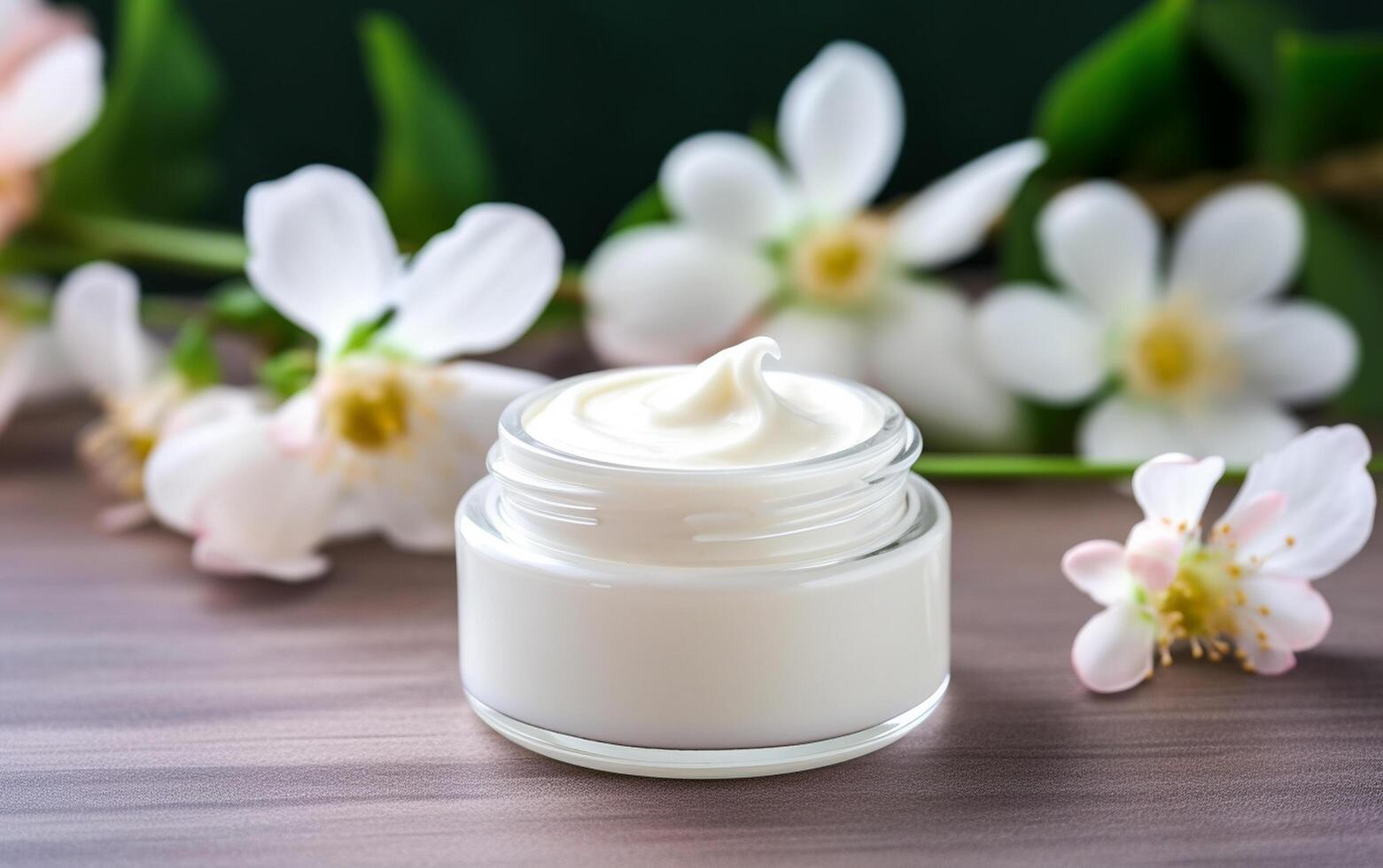 ai généré Naturel cosmétique crème pot sur une vieux bois table avec feuilles et fleur photo