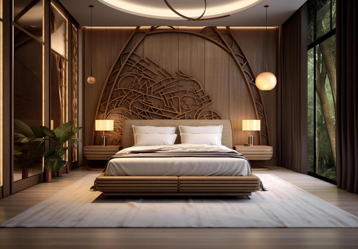 ai généré 3d le rendu magnifique contemporain luxe chambre suite dans Hôtel avec la télé photo