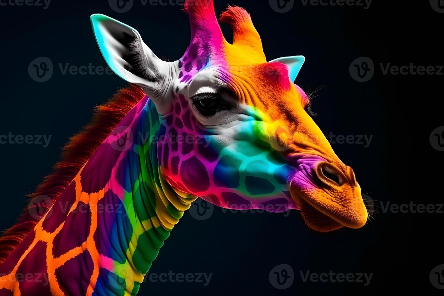 ai généré arc en ciel art girafe sur une noir Contexte. neural réseau ai généré photo