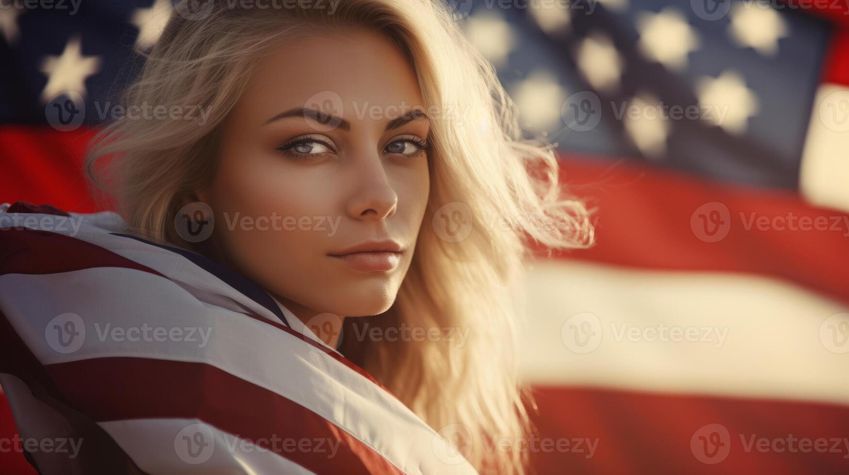 ai généré magnifique Jeune femme en dessous de Etats-Unis drapeau. femme permanent et en portant américain drapeau. neural réseau ai généré photo