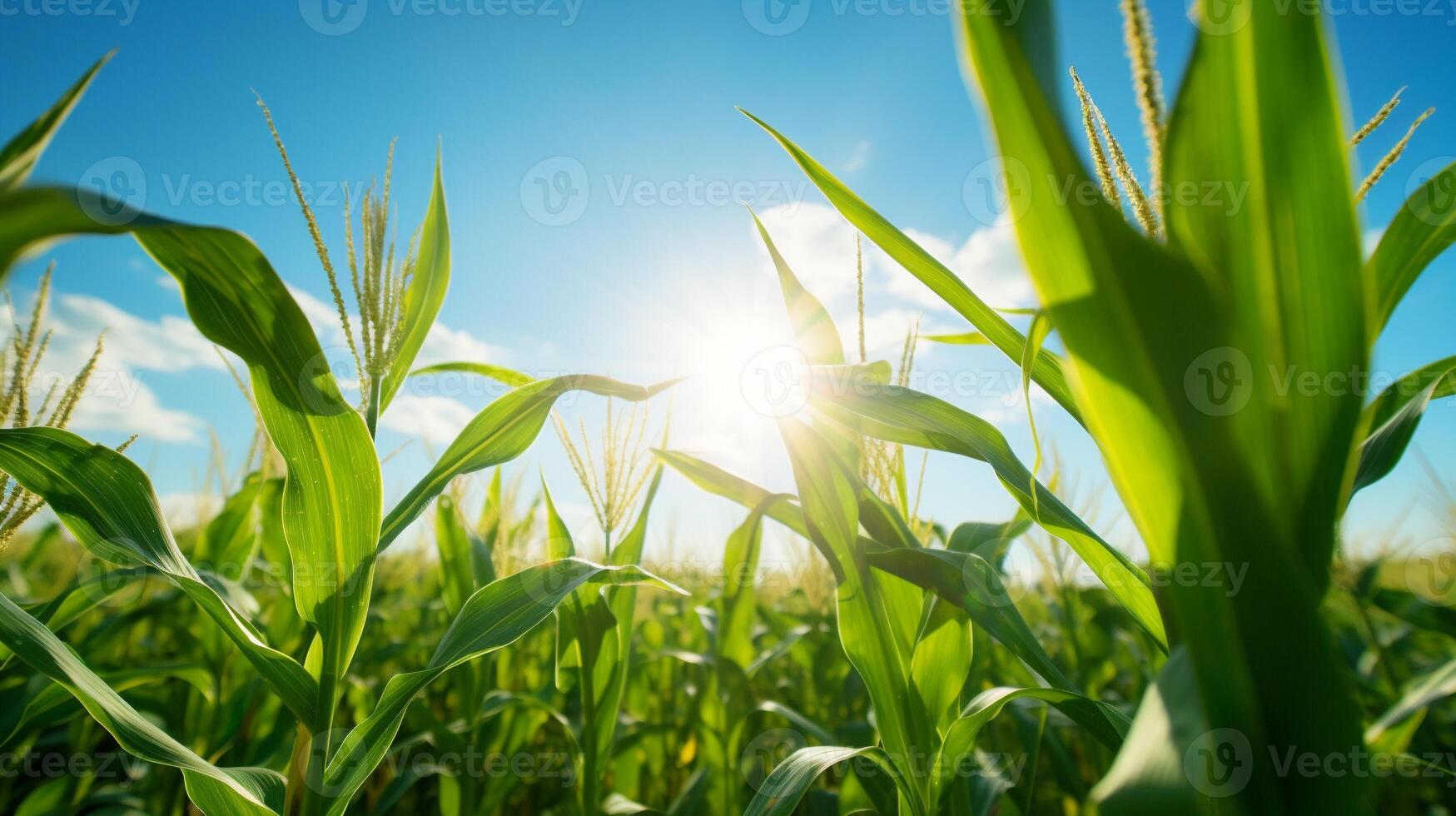 ai généré blé champ avec lumière du soleil et bleu ciel photo