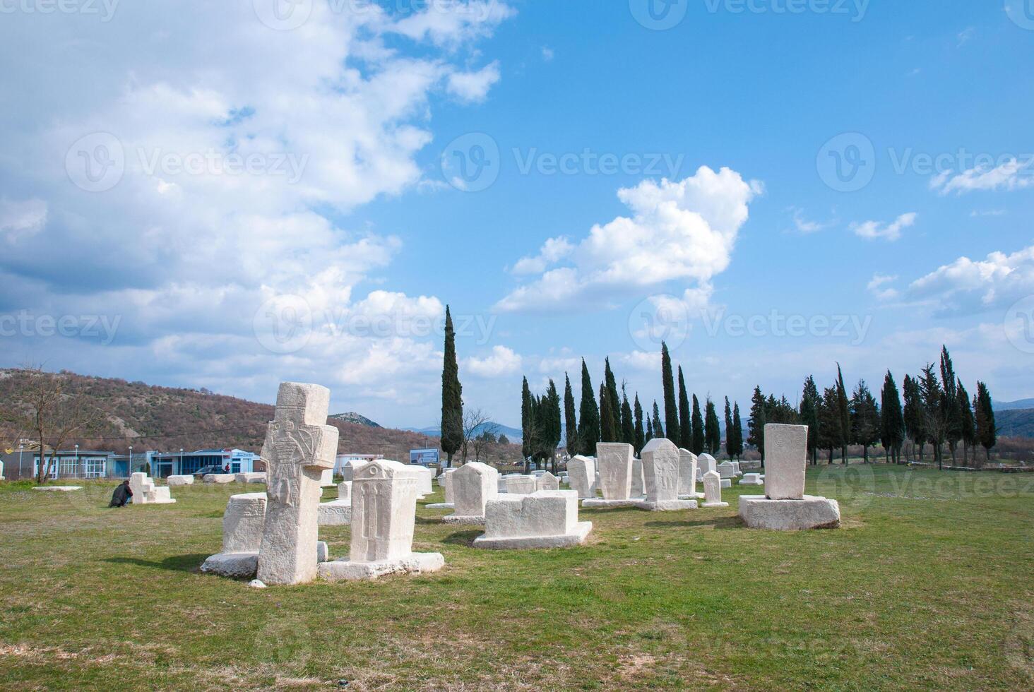 pierres tombales médiévales stecci cimetières dugo polje à blidinje, bih. site unesco. lieu d'intérêt historique. les pierres tombales présentent un large éventail de motifs décoratifs et d'inscriptions. photo