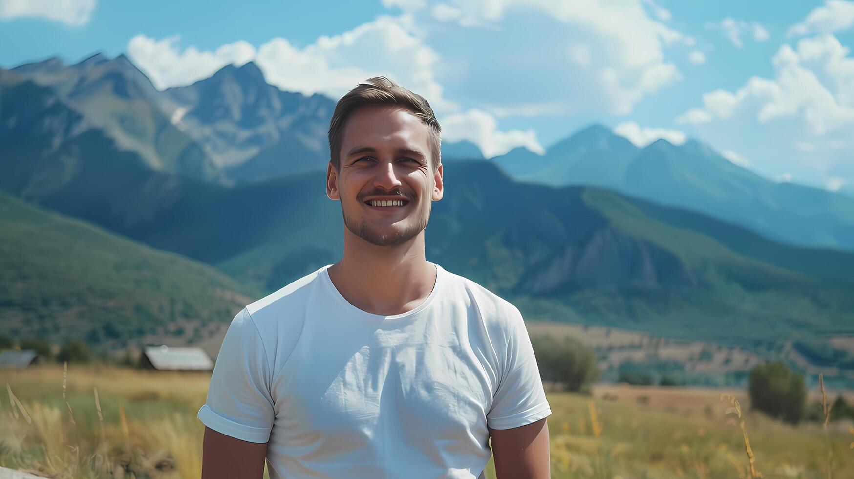 ai généré Masculin modèle avec brillant sourire permanent en plein air sur une été journée. il portait une nettoyer blanc T-shirt. et là sont montagnes dans le Contexte. photo