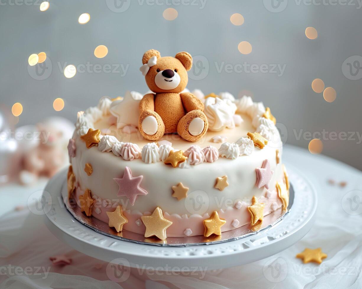 ai généré anniversaire gâteau avec nounours ours et étoiles sur une lumière Contexte photo