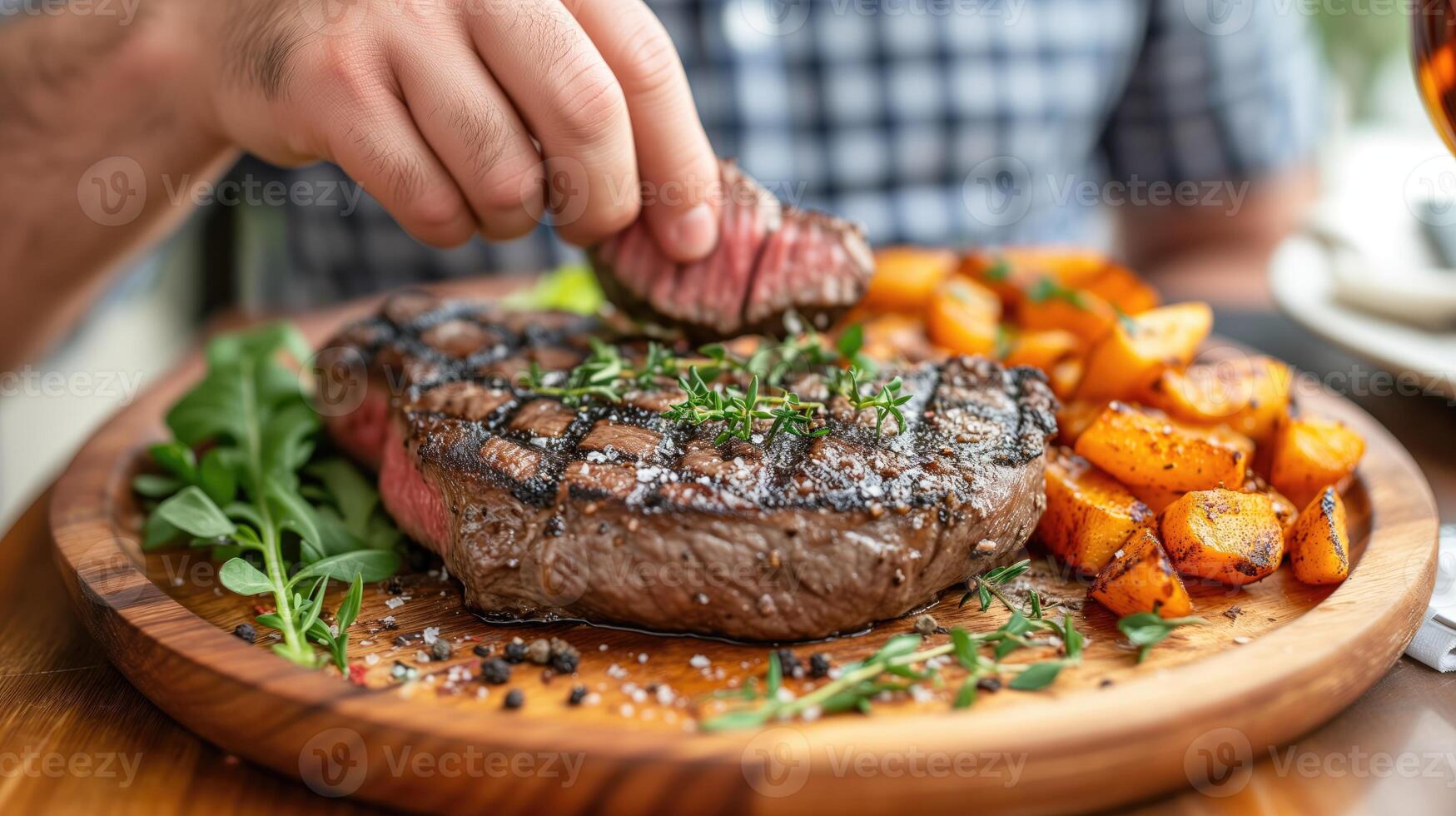 ai généré une homme mange une steak servi avec patates sur une en bois assiette dans une restaurant. horizontal format. photo