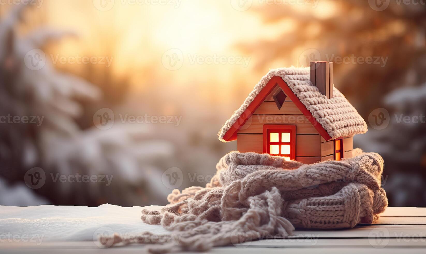 ai généré petit figure de maison avec tricoté écharpe contre flou bokeh lumières, symbole pour chauffage système ou photo