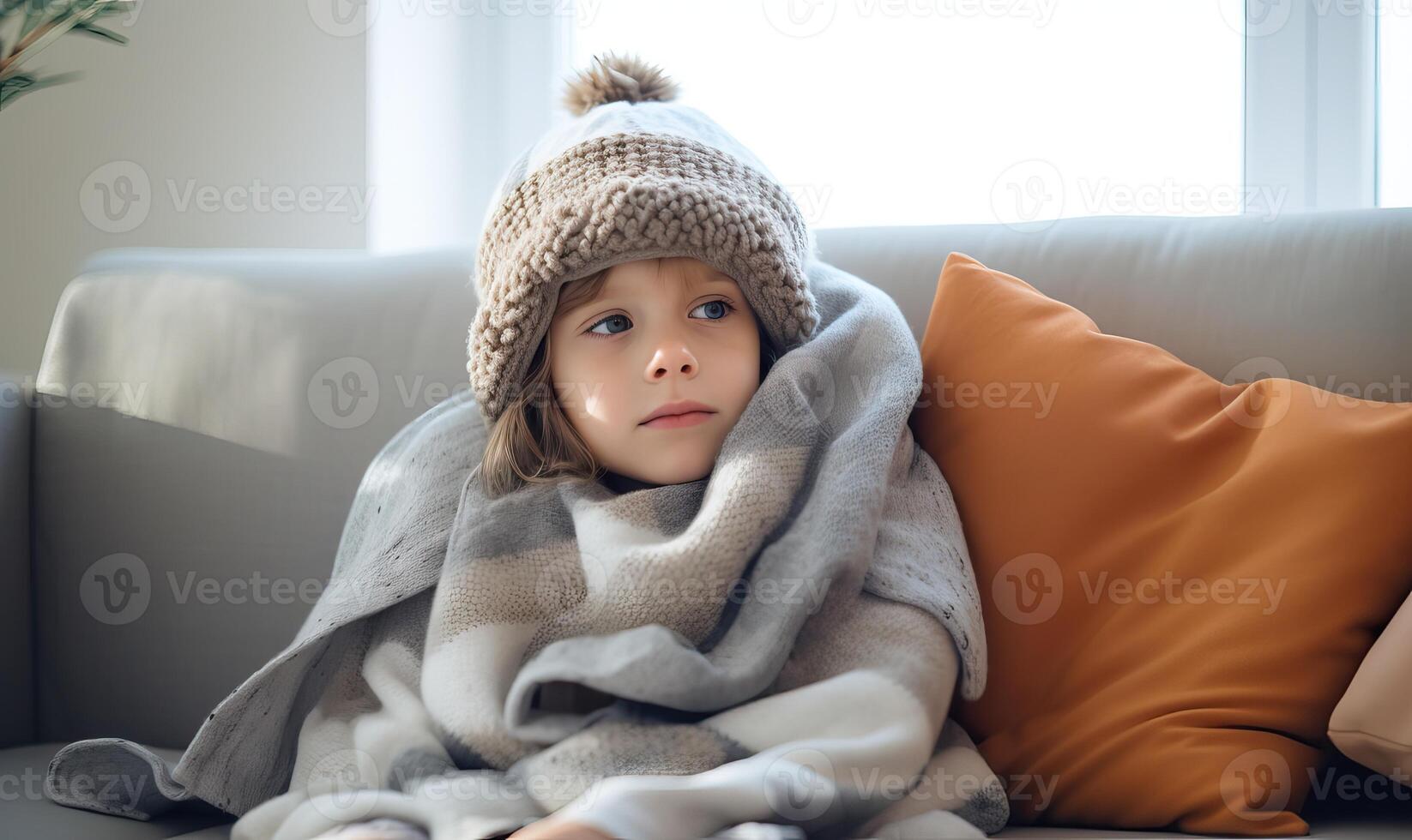 ai généré bambin fille porter chapeau enveloppé dans plaid asseoir seul grelottant de du froid sur canapé, chauffé appartement photo