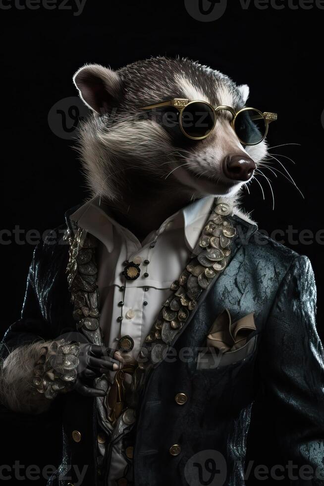 ai généré raton laveur habillé dans une décontractée moderne costume. mode portrait de un anthropomorphe animal posant avec une photo