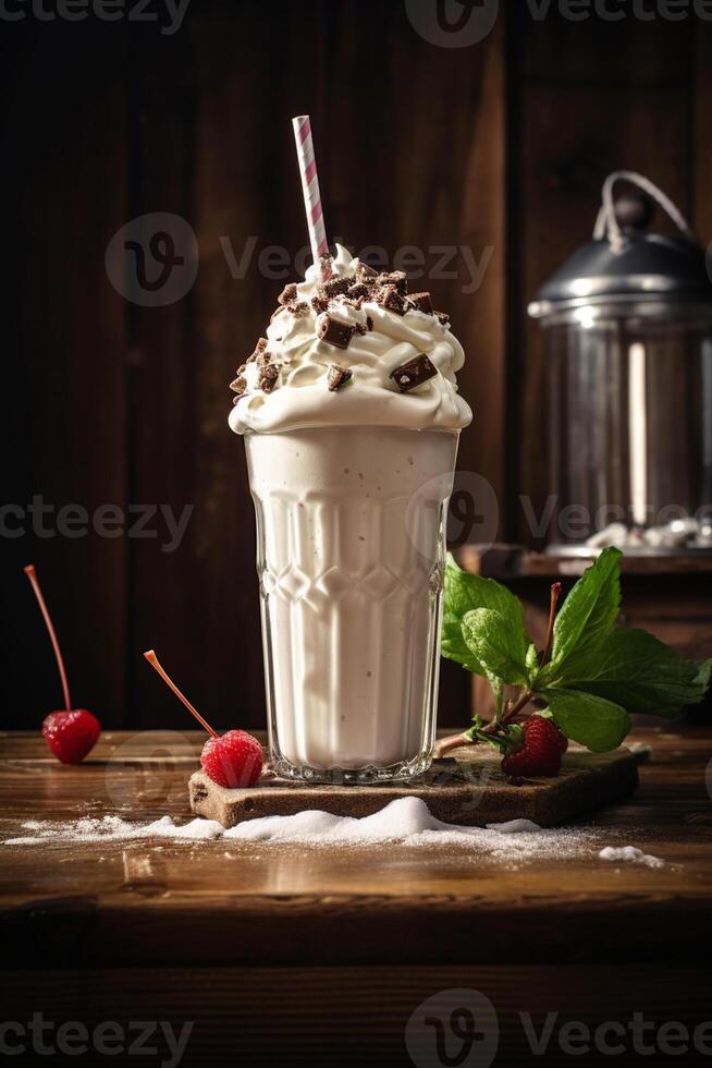 ai généré gourmet foncé Chocolat Milk-shake avec guimauve photo