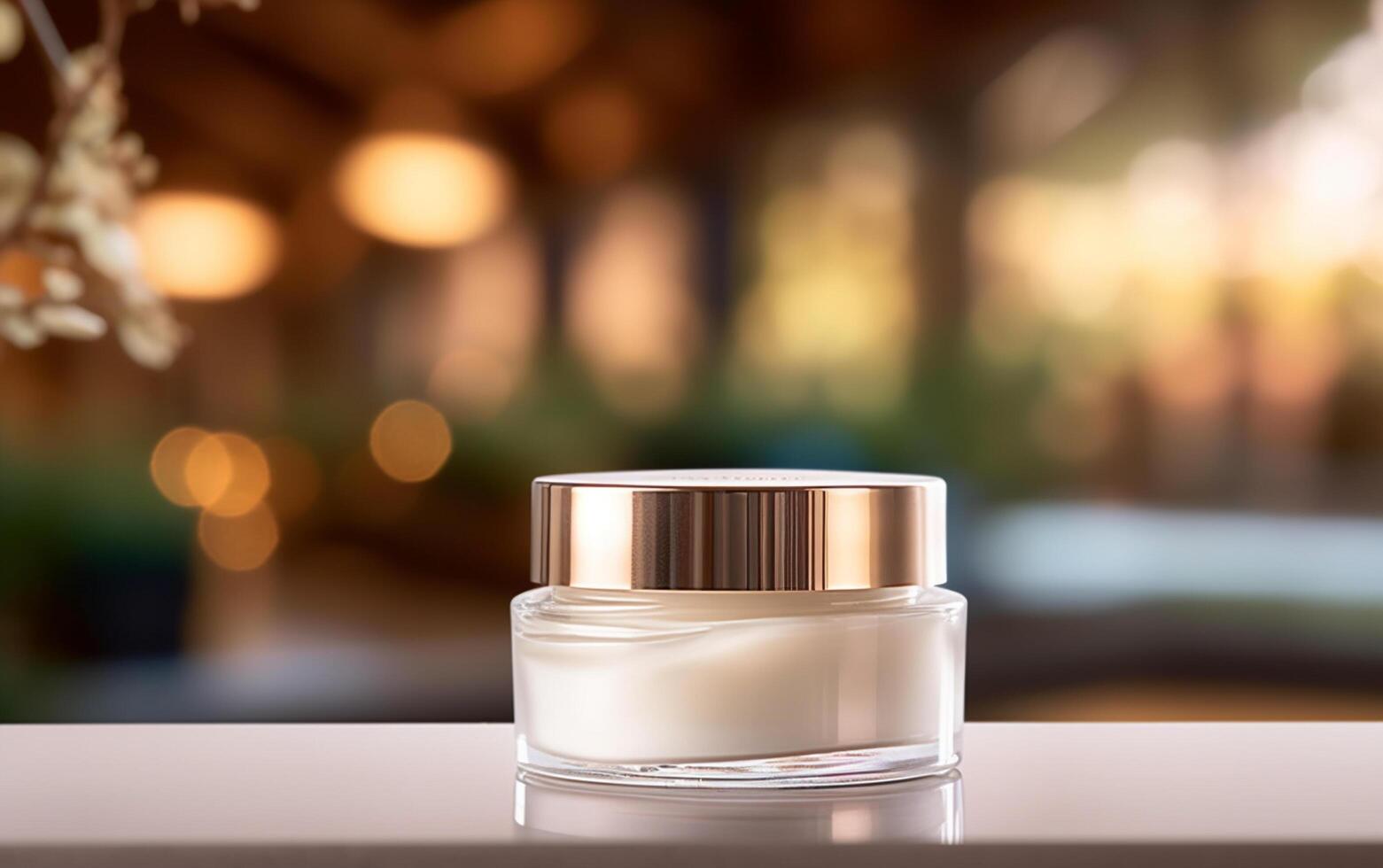 ai généré cosmétique luxe crème pot sur le table derrière brouiller Contexte photo