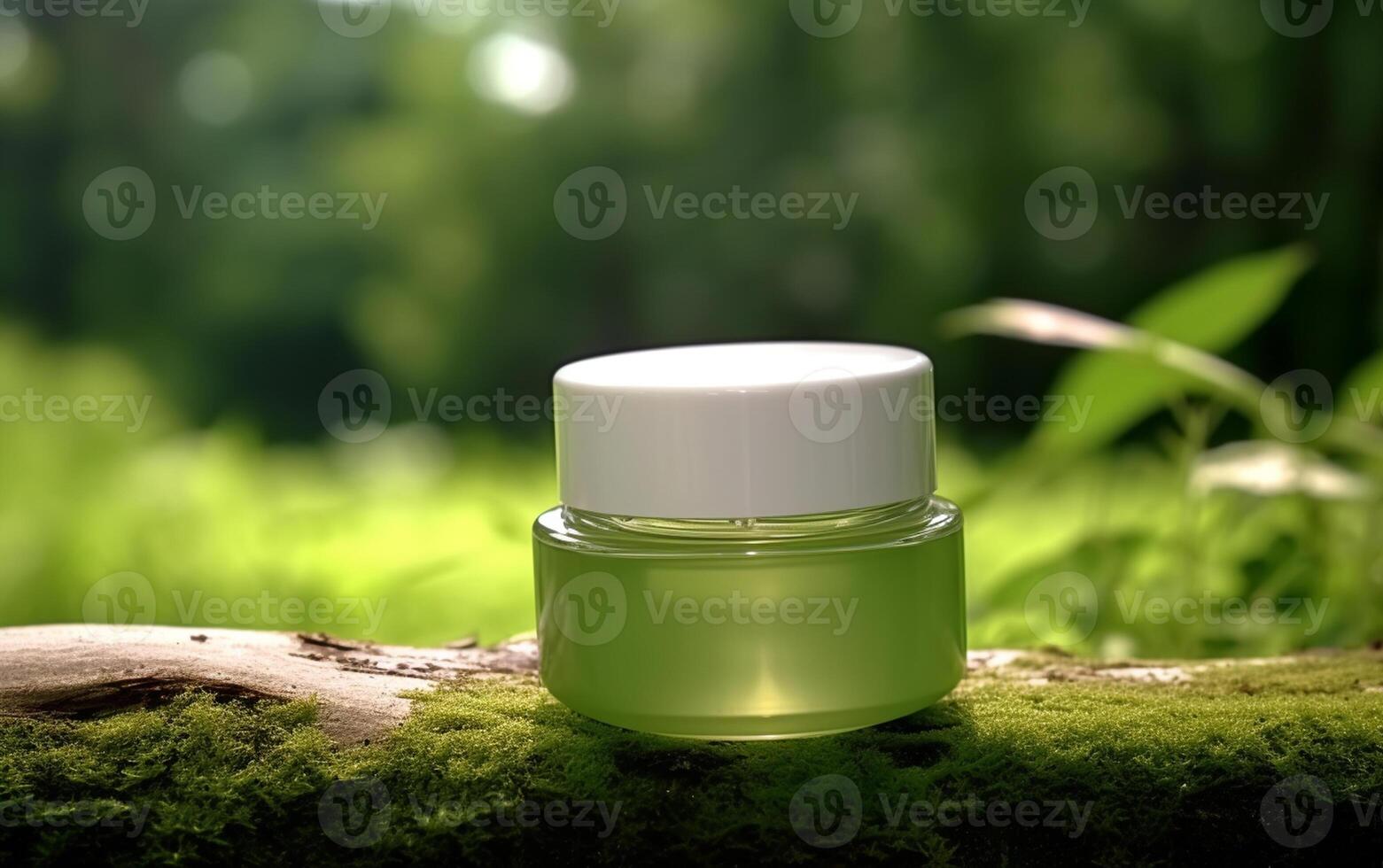 ai généré photo luxe crème pot sur le table derrière Naturel vert Contexte