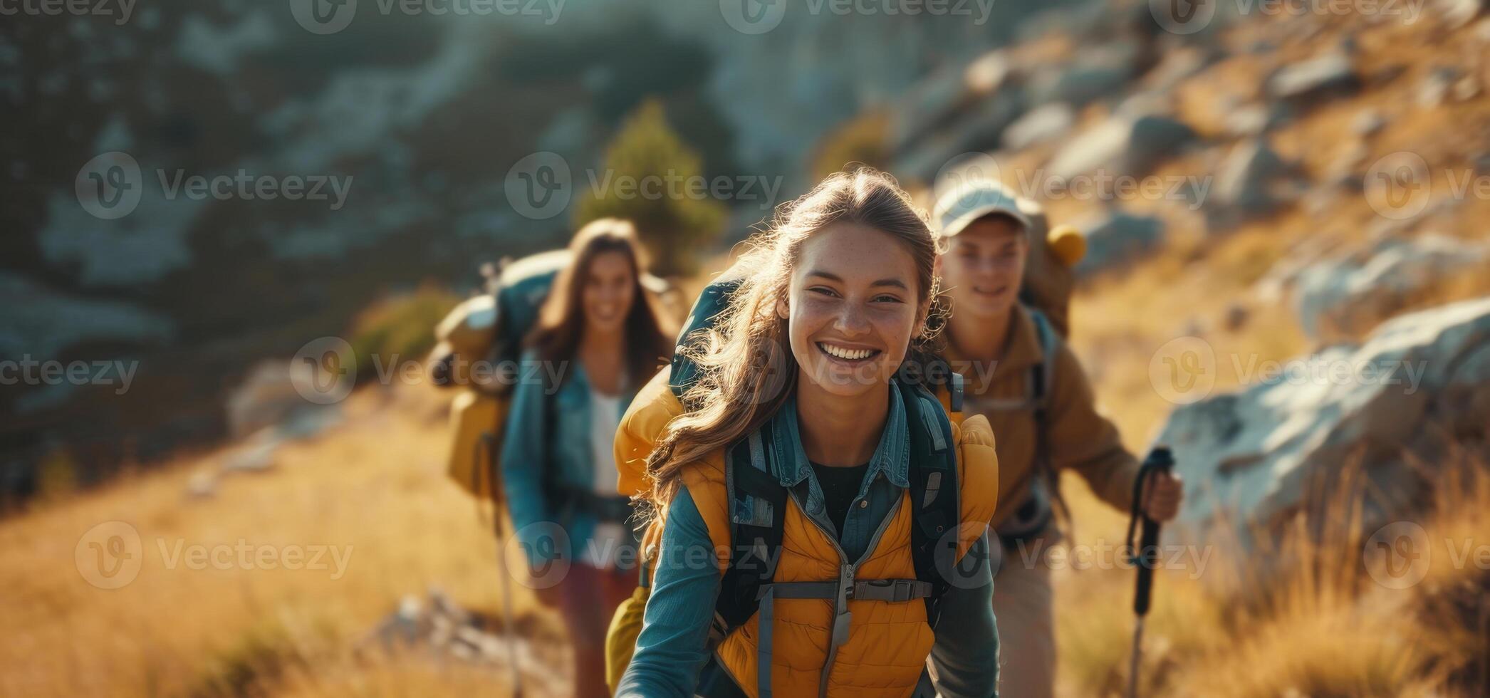 ai généré gen z copains sur Montagne Piste aventure avec camping engrenage. photo