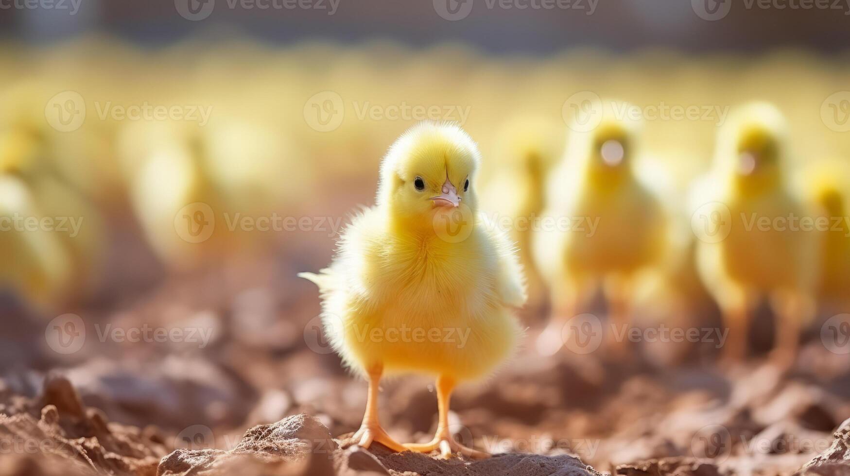 ai généré mignonne peu Jaune poulets sur une cultiver. Pâques vacances concept. photo