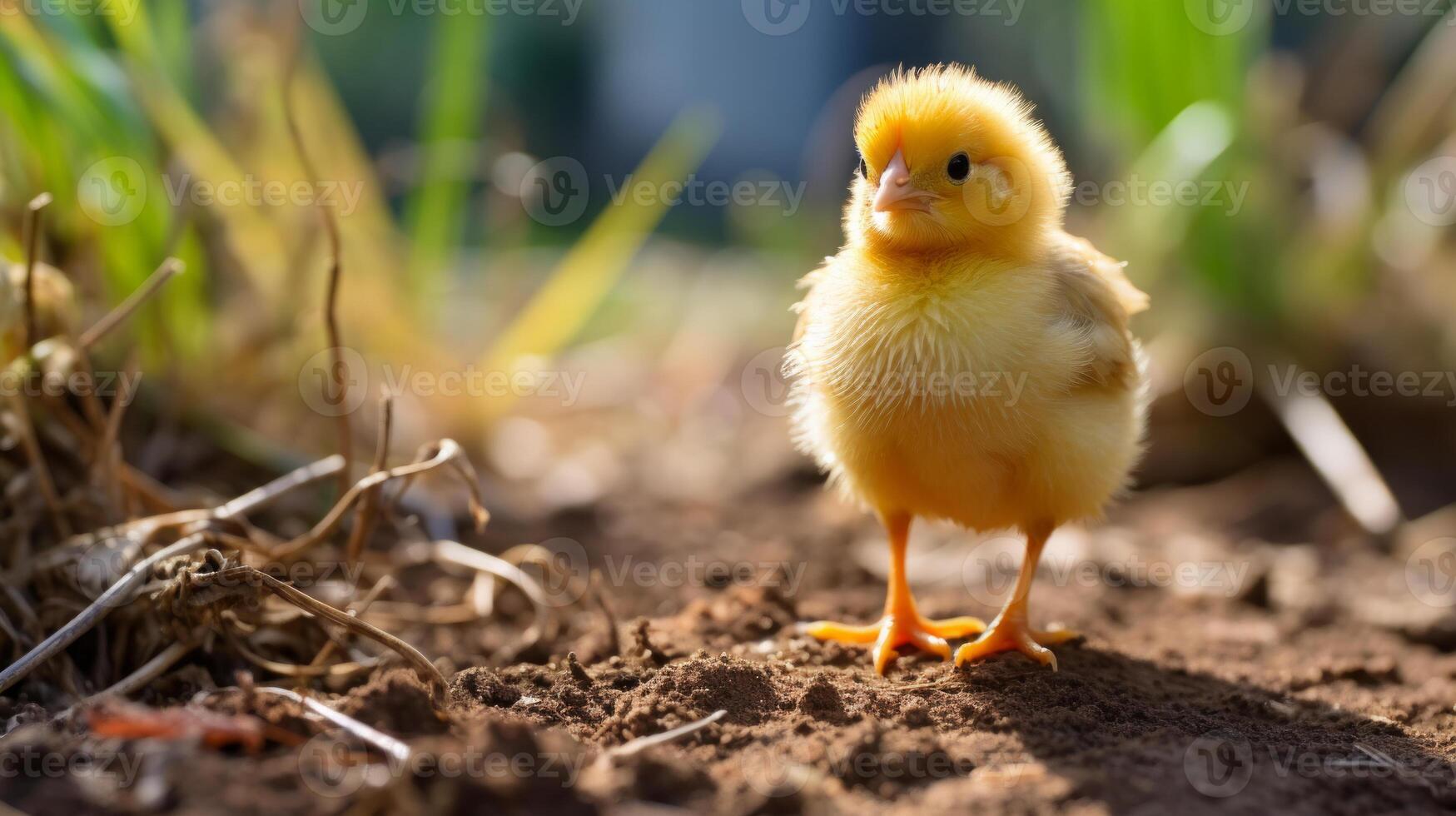 ai généré mignonne peu Jaune poulet en marchant dans le herbe à le coucher du soleil. Pâques concept. photo