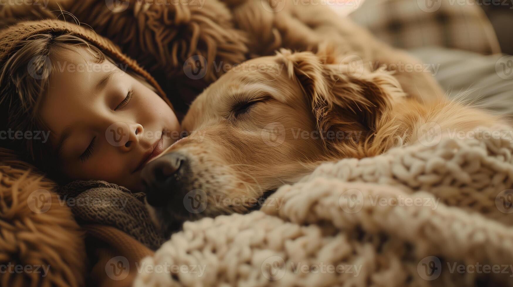 ai généré une garçon et leur d'or retriever en train de dormir dans une chaud, confortable embrasser, rayonnant l'amour et bonheur photo