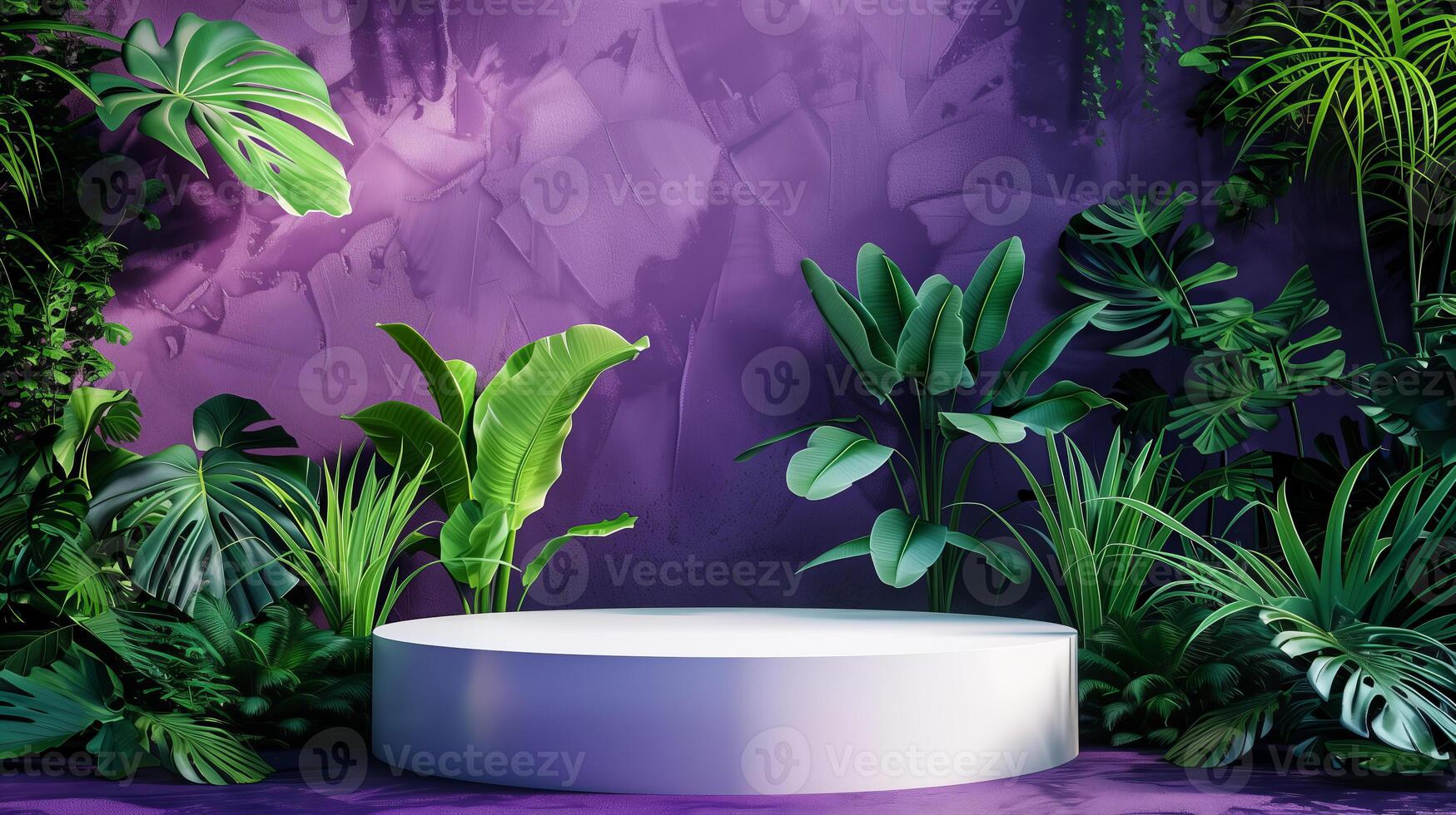 ai généré blanc podium sur une violet Contexte plein de vert décoratif les plantes pour produit présentation photo