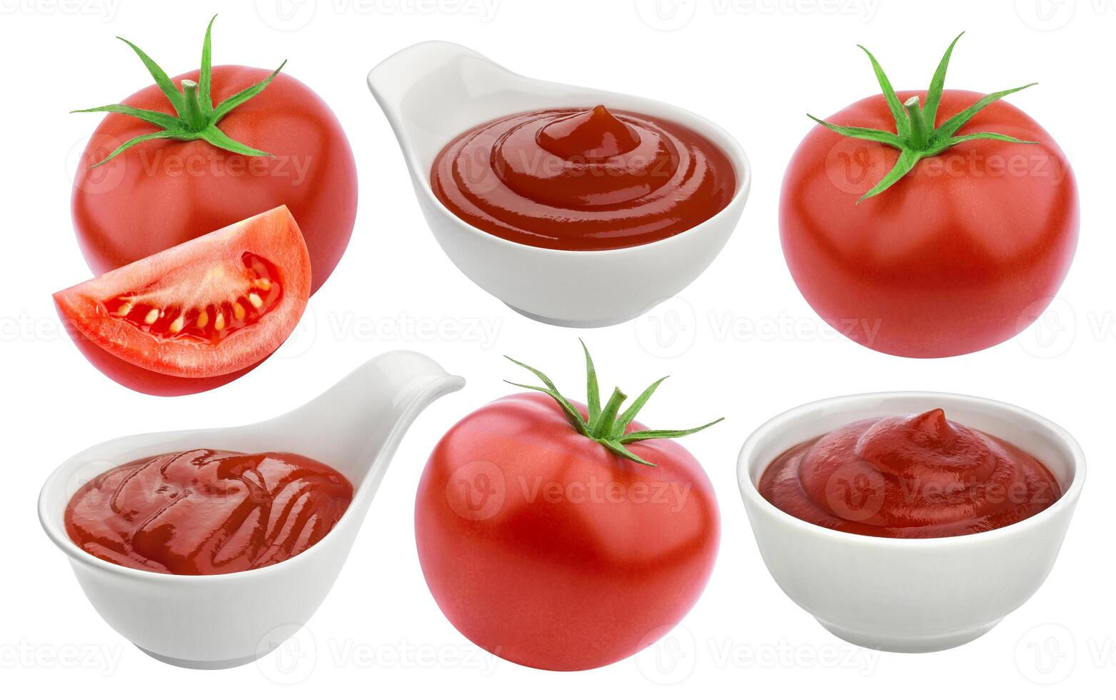 ketchup dans bol et Frais tomates isolé isolé sur blanc Contexte photo