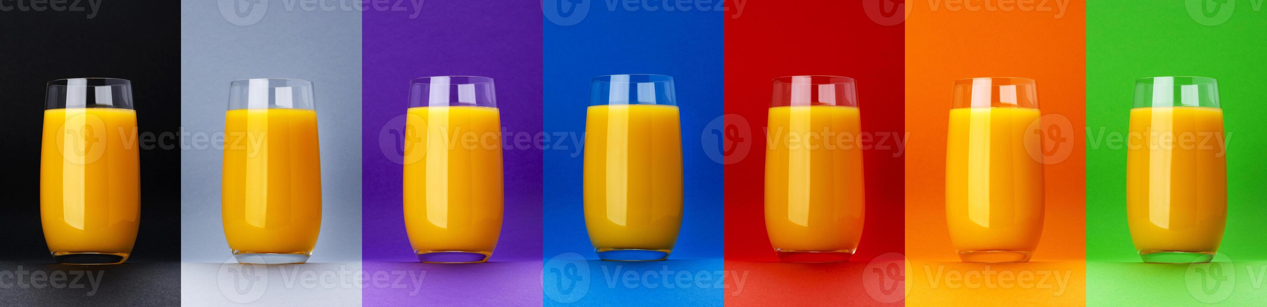 verre de Orange jus isolé sur différent Couleur arrière-plans photo