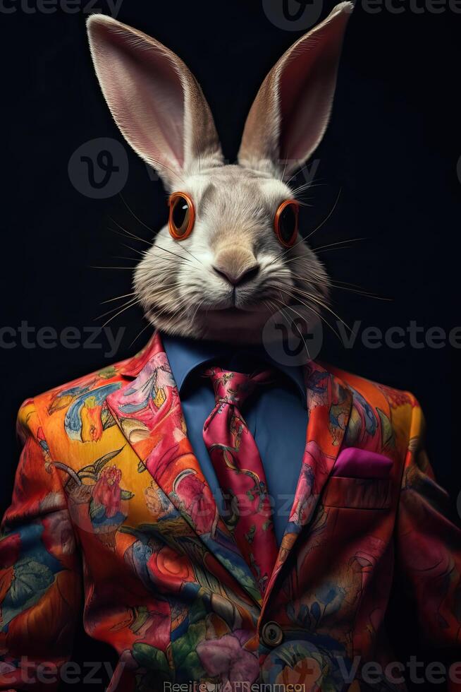 ai généré lapin habillé dans un élégant multicolore costume avec une agréable cravate. mode portrait de un photo