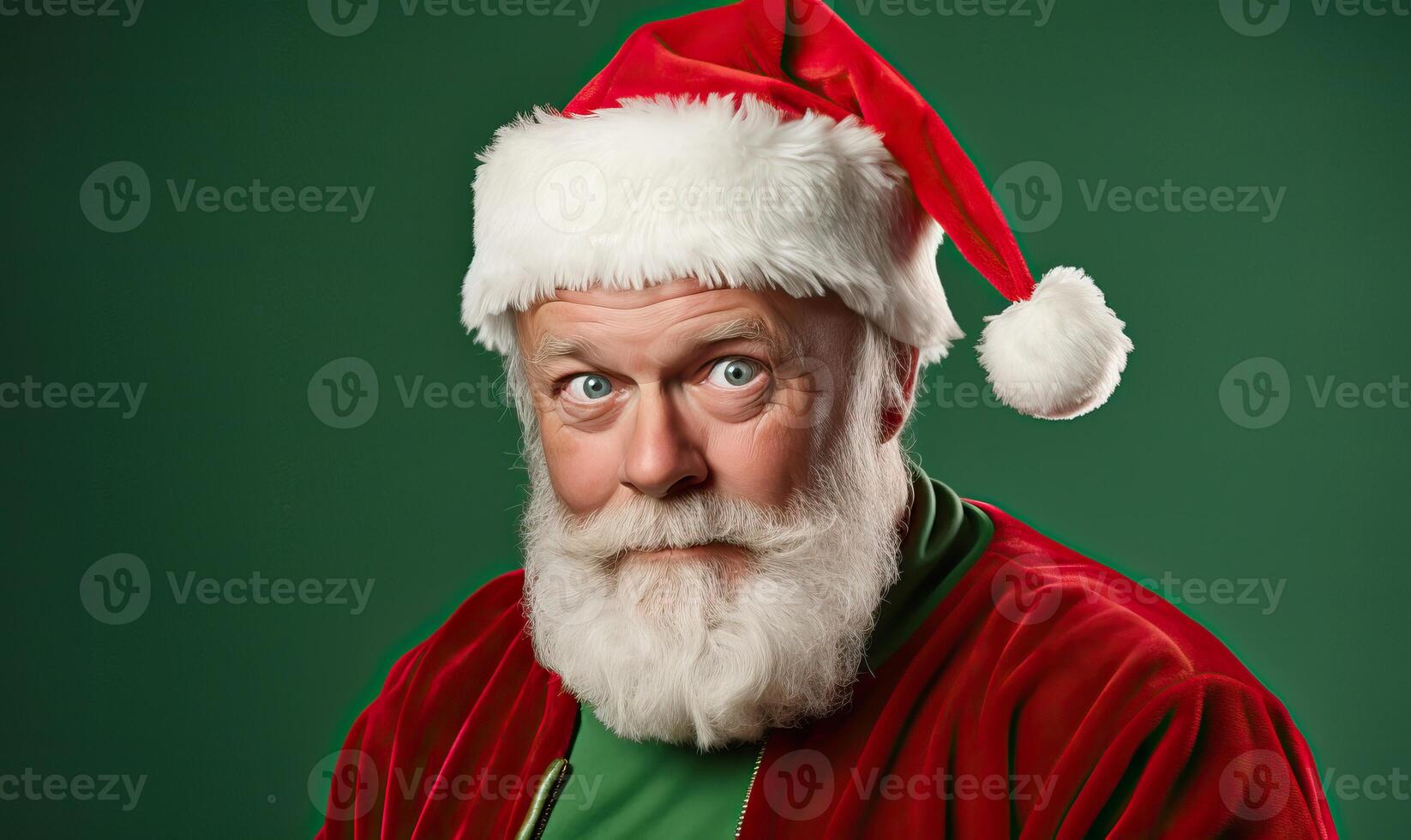 ai généré studio portrait de moderne Père Noël claus dans Noël laid chandail, dans Père Noël chapeau. barbu homme plus de le photo