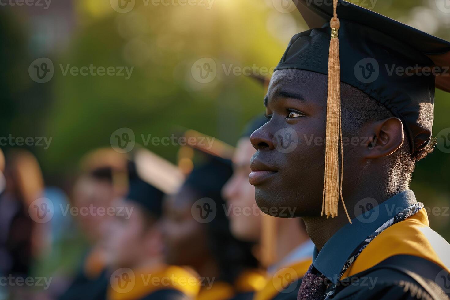 ai généré une étudiant noir homme à l'obtention du diplôme avec l'obtention du diplôme casquettes. génératif ai. photo