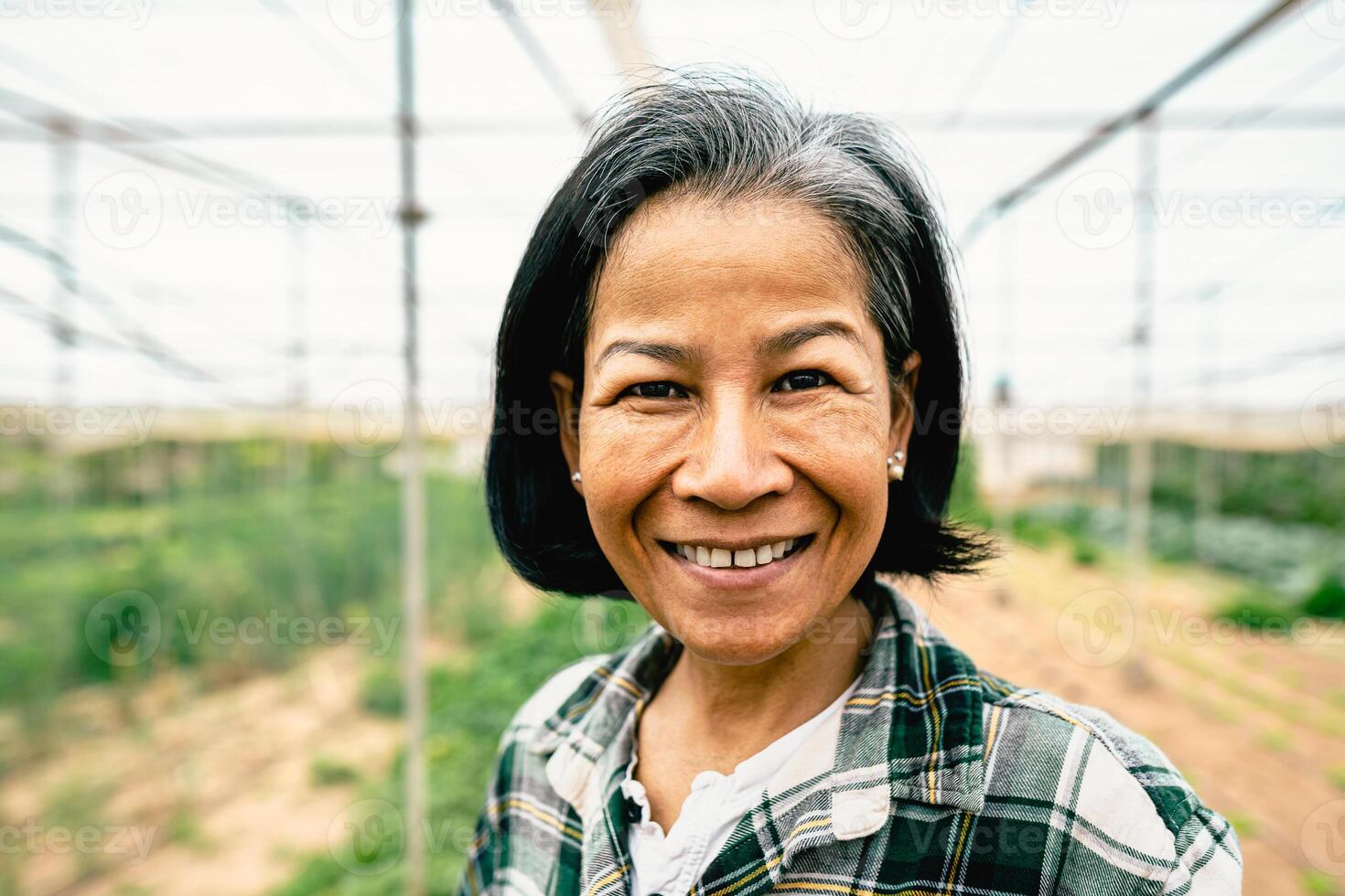 content sud-est asiatique femme souriant à le caméra tandis que travail à l'intérieur agricole serre - ferme gens mode de vie concept photo