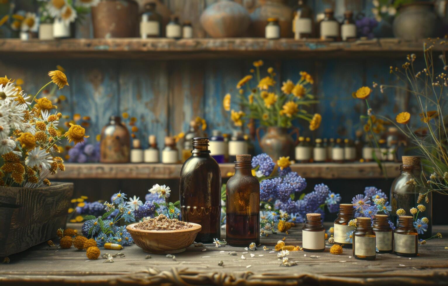 ai généré une table avec divers essentiel huiles autour il, marron et bleu, naturaliste paramètres, floral, vieux en temps opportun, drogue photo