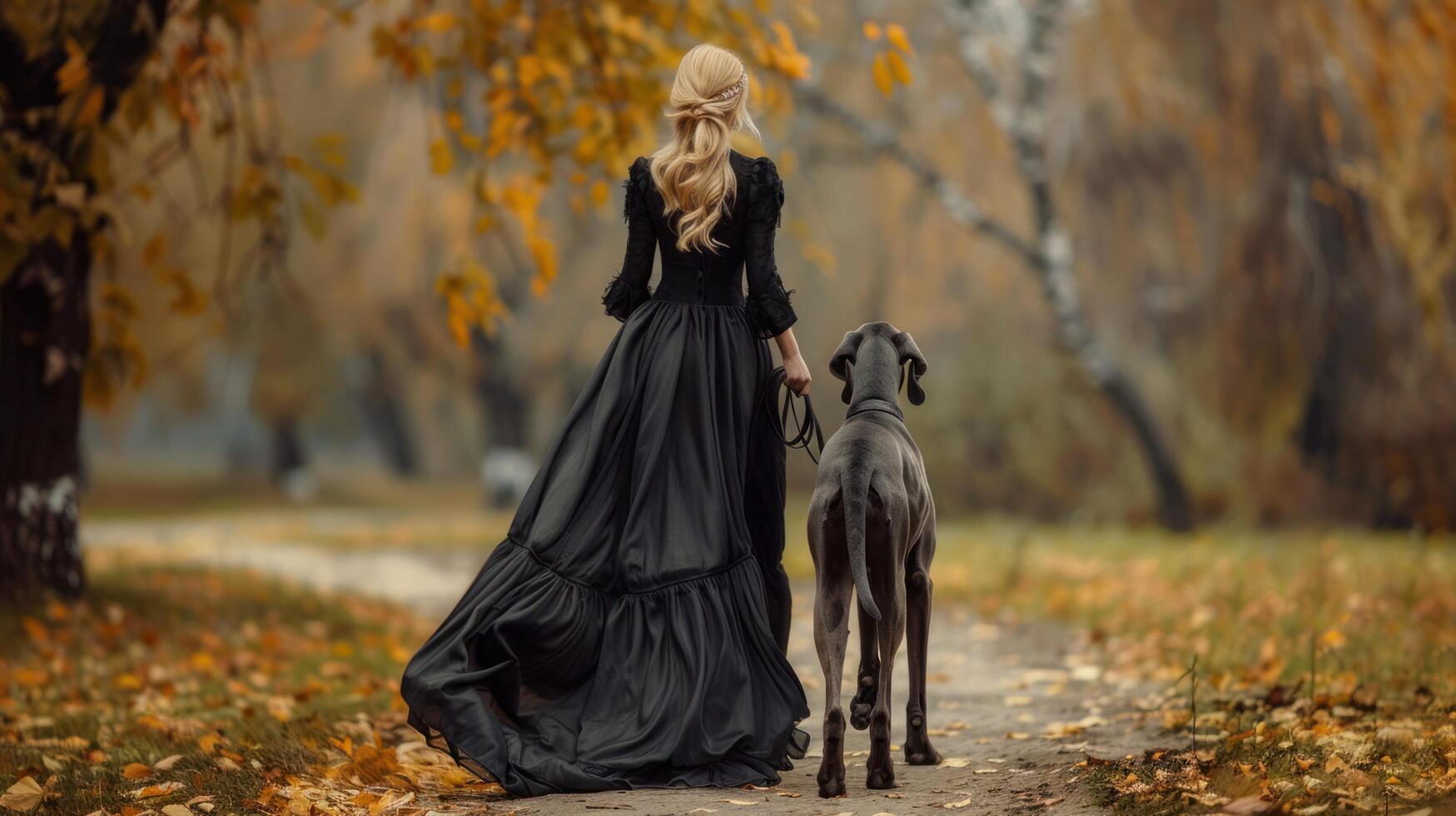 ai généré élégant femme dans une longue noir robe avec sa chien dans un automnal parc. photo