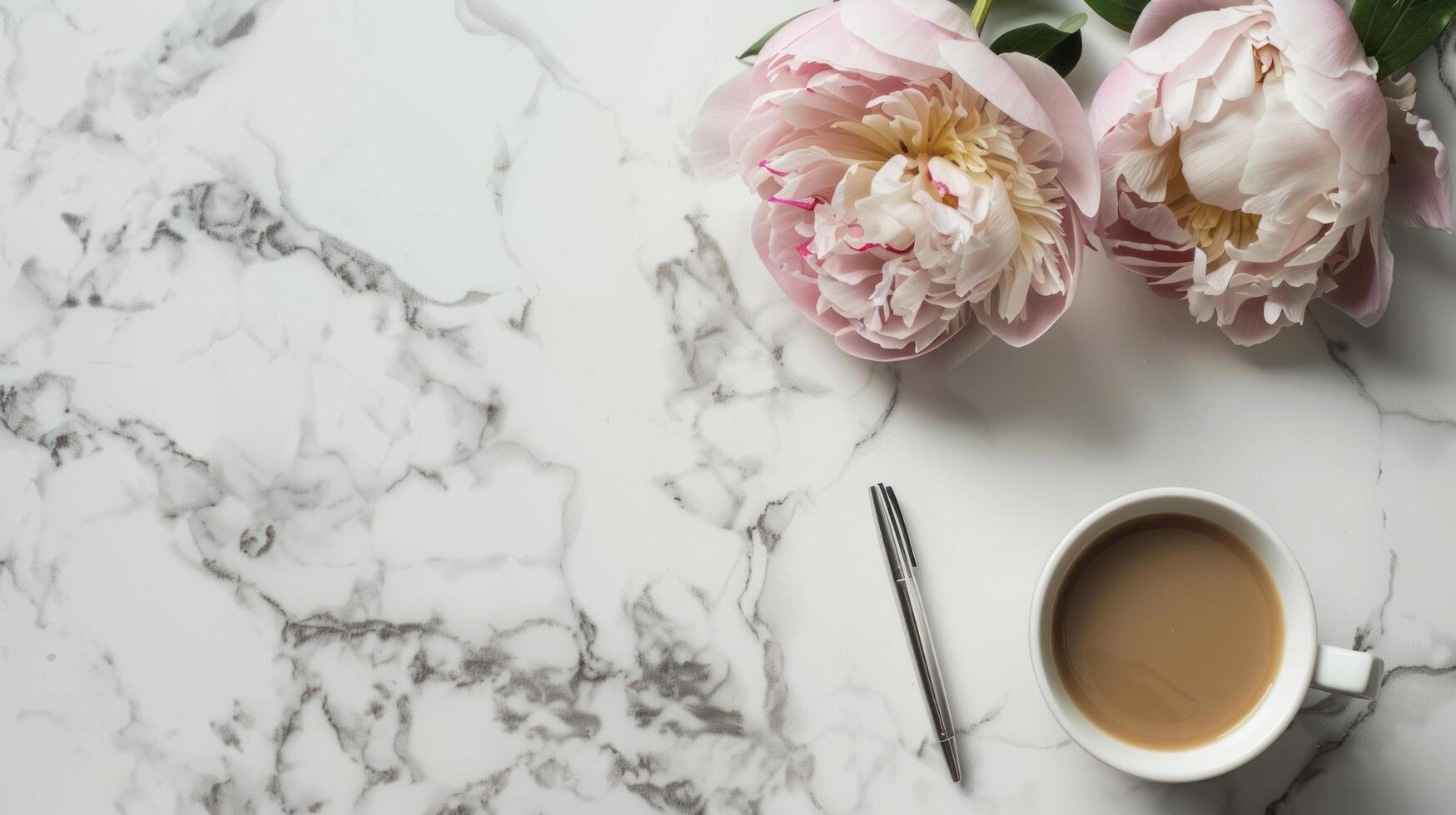 ai généré une tasse de café, une Téléphone, une à bille stylo, et une pivoine fleur mensonge sur une blanc marbre table photo