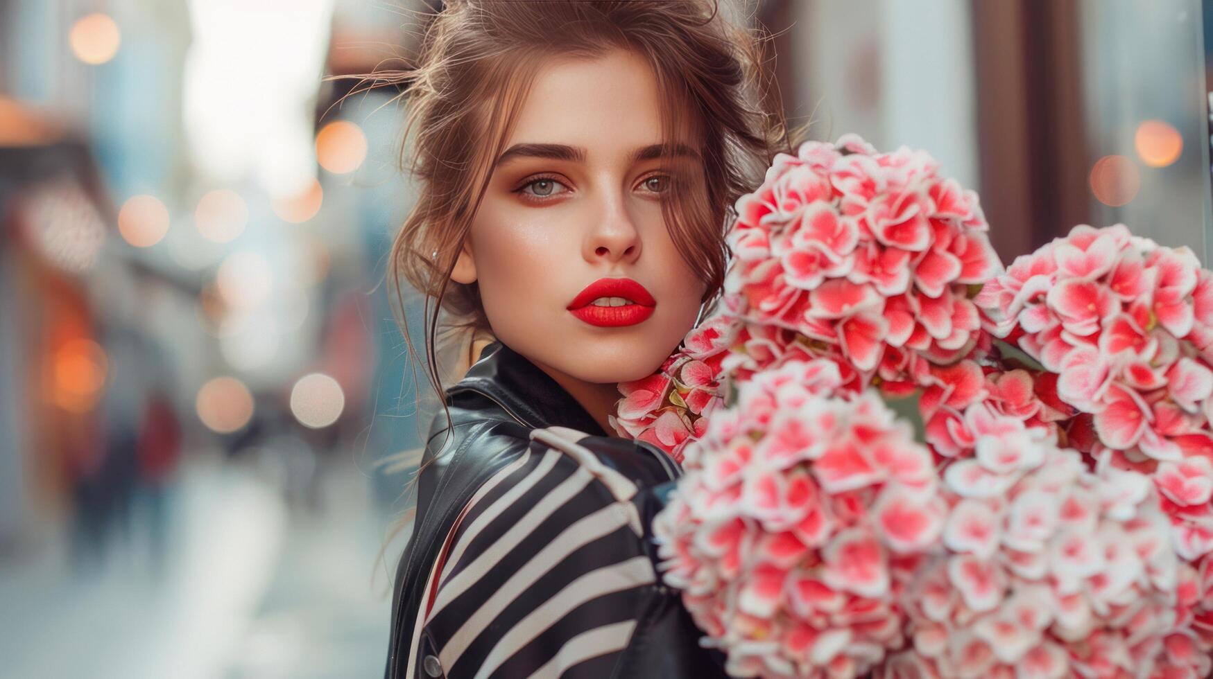 ai généré à la mode Jeune femme avec rouge rouge à lèvres en portant rose hortensias sur ville rue. photo