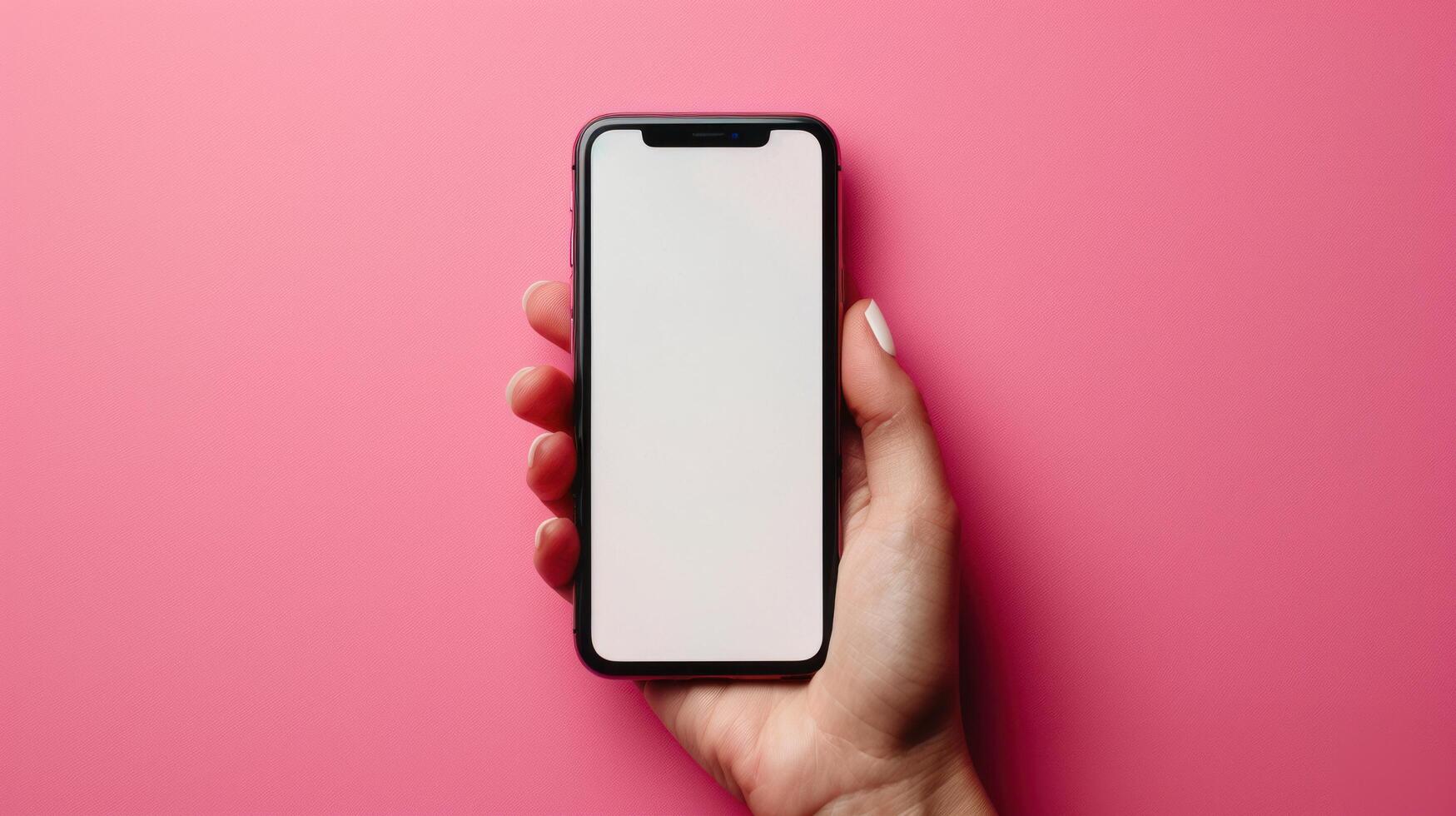 ai généré fermer main en portant une téléphone avec une Vide blanc écran tourné vers le caméra. rose Contexte photo