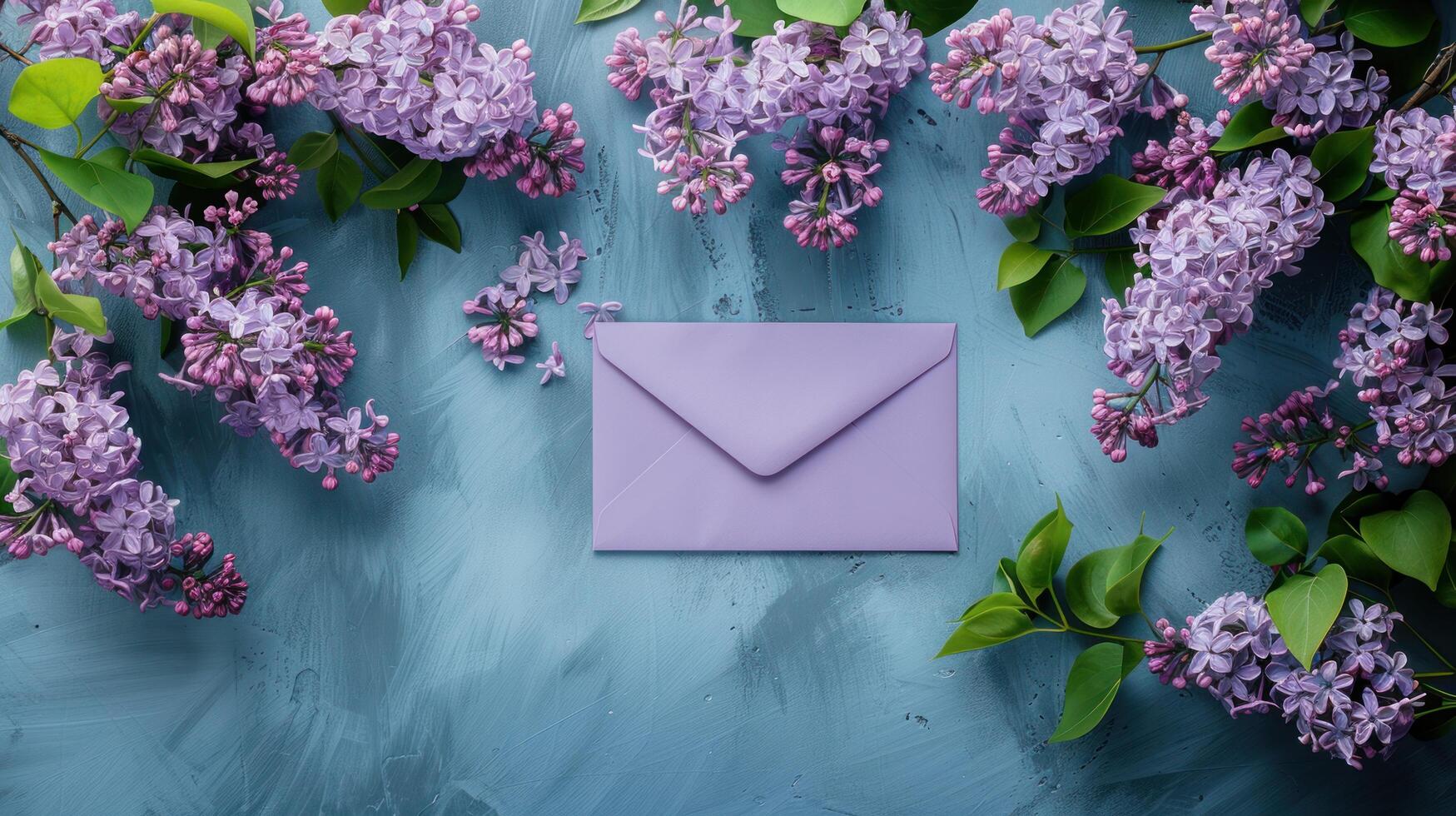 ai généré charmant printemps lilas fleurs arrangé avec un vide violet enveloppe contre une bleu toile de fond. photo