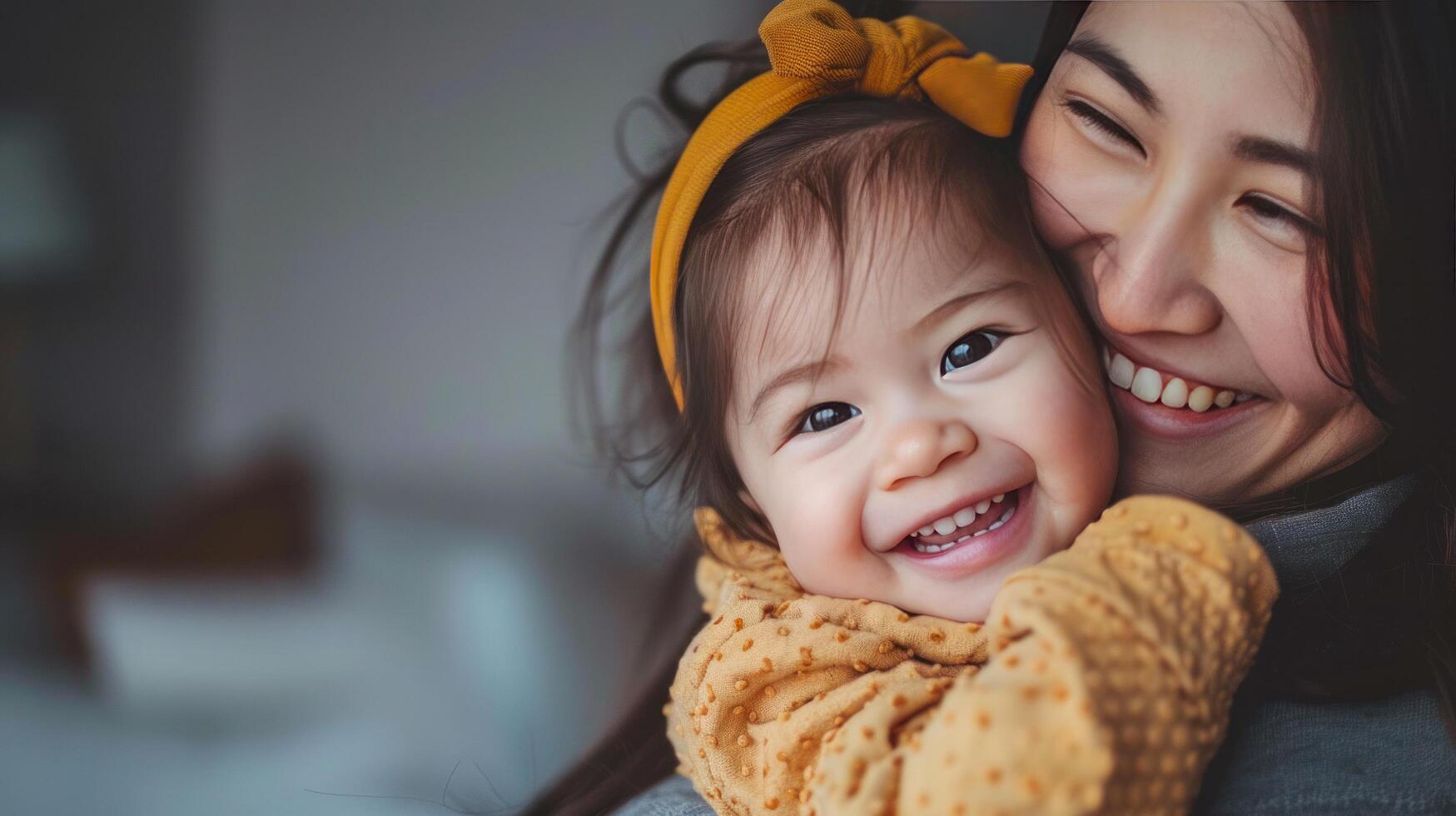 ai généré une joyeux asiatique bambin fille embrasse sa content mère dans une gris réglage photo