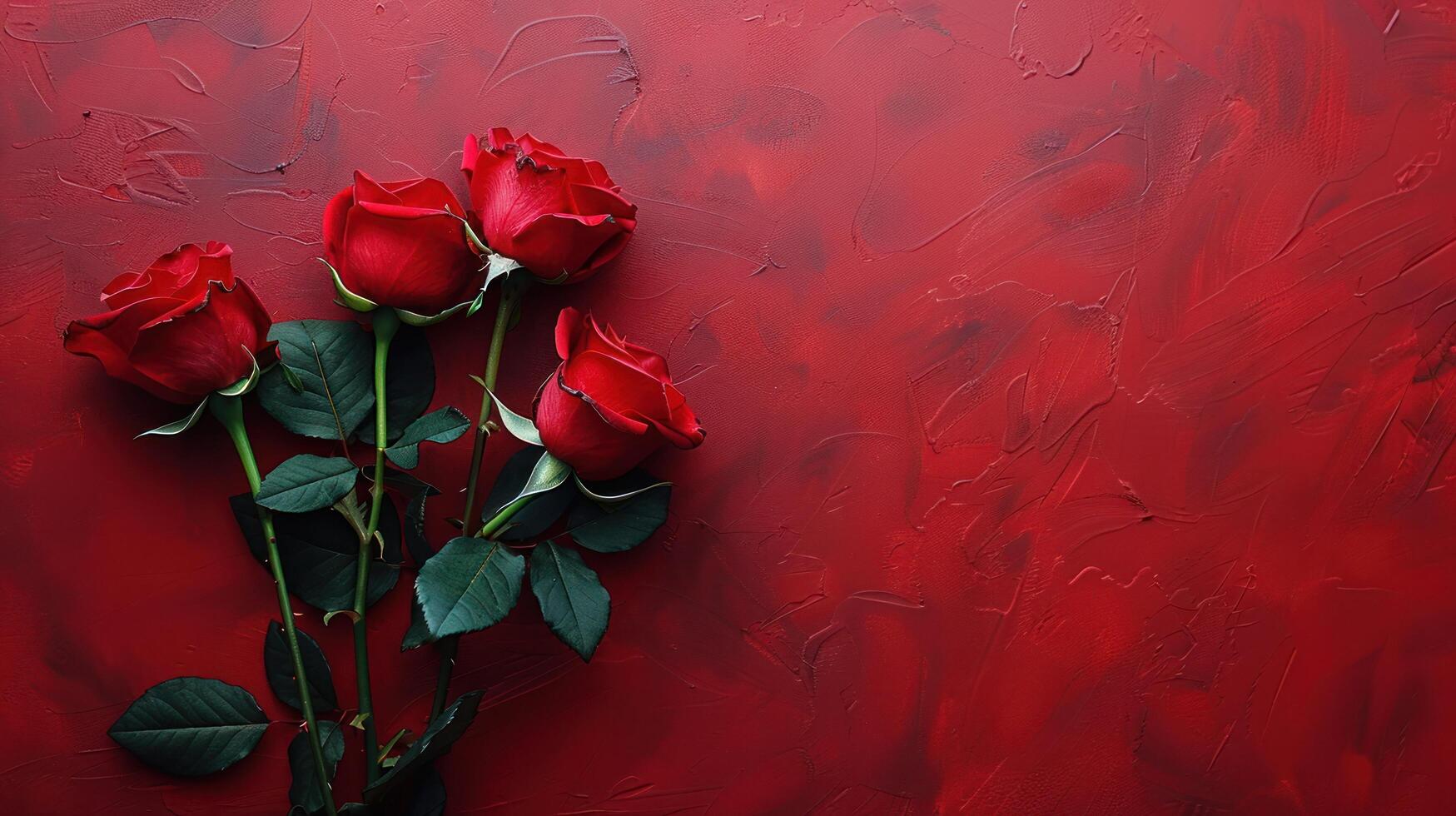 ai généré bouquet de rouge des roses sur le la gauche sur une rouge minimaliste Contexte photo