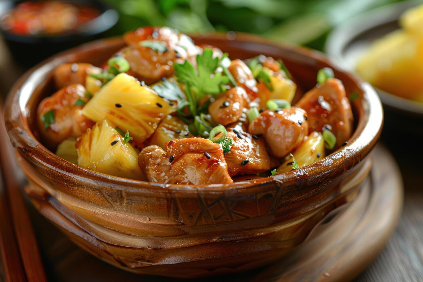 ai généré classique thaïlandais plat de poulet avec moitié une ananas photo