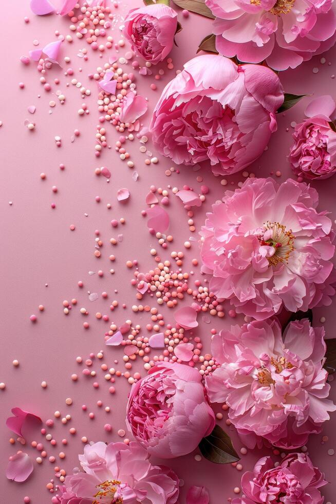 ai généré une de haut en bas image avec rose pivoine des roses et arrose sur une pastel rose Contexte avec espace pour personnalisation photo